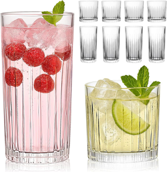 Laerjin Drinking Glasses Set of 8, 12 oz Highball Glasses & 10 oz Cocktail Glasses Set, Ribbed Glass Cups,Thick Glass Cups, Kitchen Water Glasses Cup, Bar Tumbler Glassware for Beer, Whiskey(Clear)