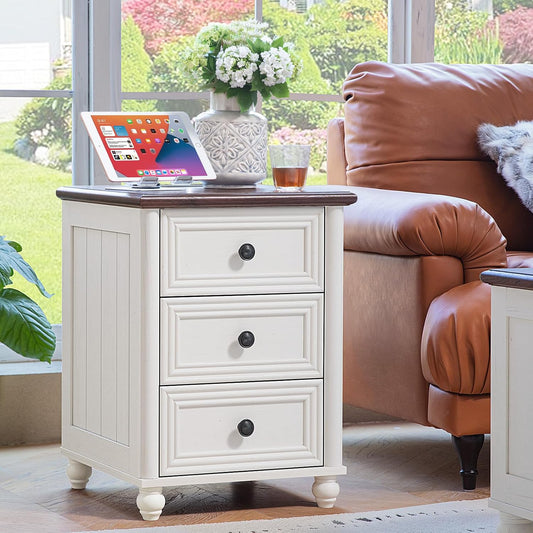 18" Farmhouse Nightstand with Charging Station and USB Port, White Night Stand with 3 Drawers, Wood Bedside End Table with Storage, Bed Side Tables for Bedroom Living Room and Closet
