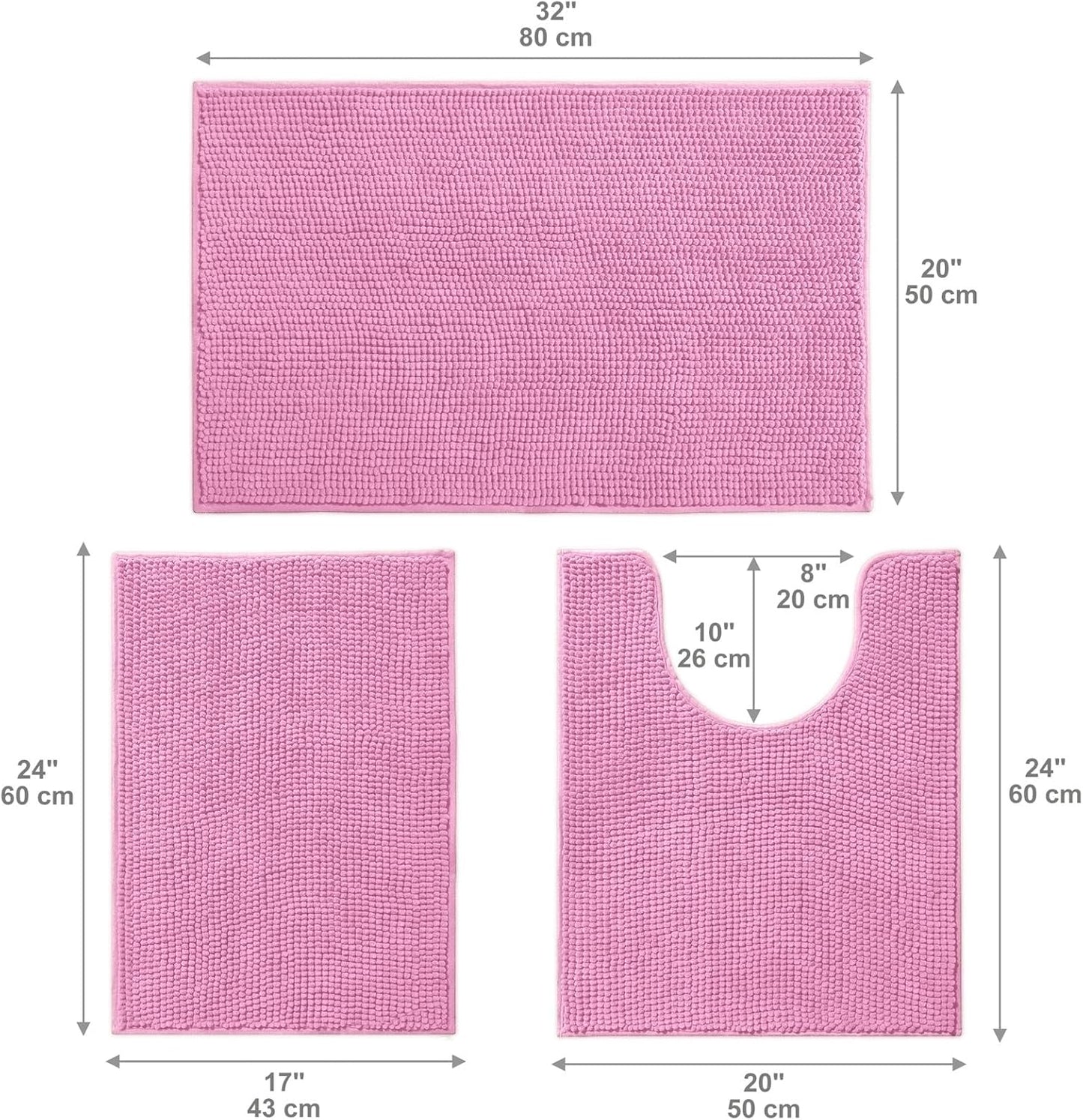 Urvoix Bathroom Rugs Sets 3 Piece, Non-Slip Chenille Bath Rug - Ultra Soft, Washable, Super Absorbent Bath Mat for Bathroom, Toilet and Tub (Pink)