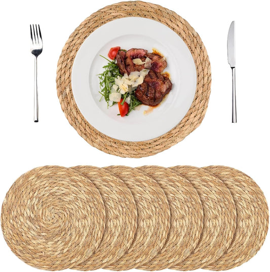 Round Woven Placemats Set of 6, 12" Boho Rattan Chargers for Dinner Plates, Natural Farmhouse Weave Place Mats, Rustic Braided Wicker Table Mats for Dining Table, Home, Outdoor