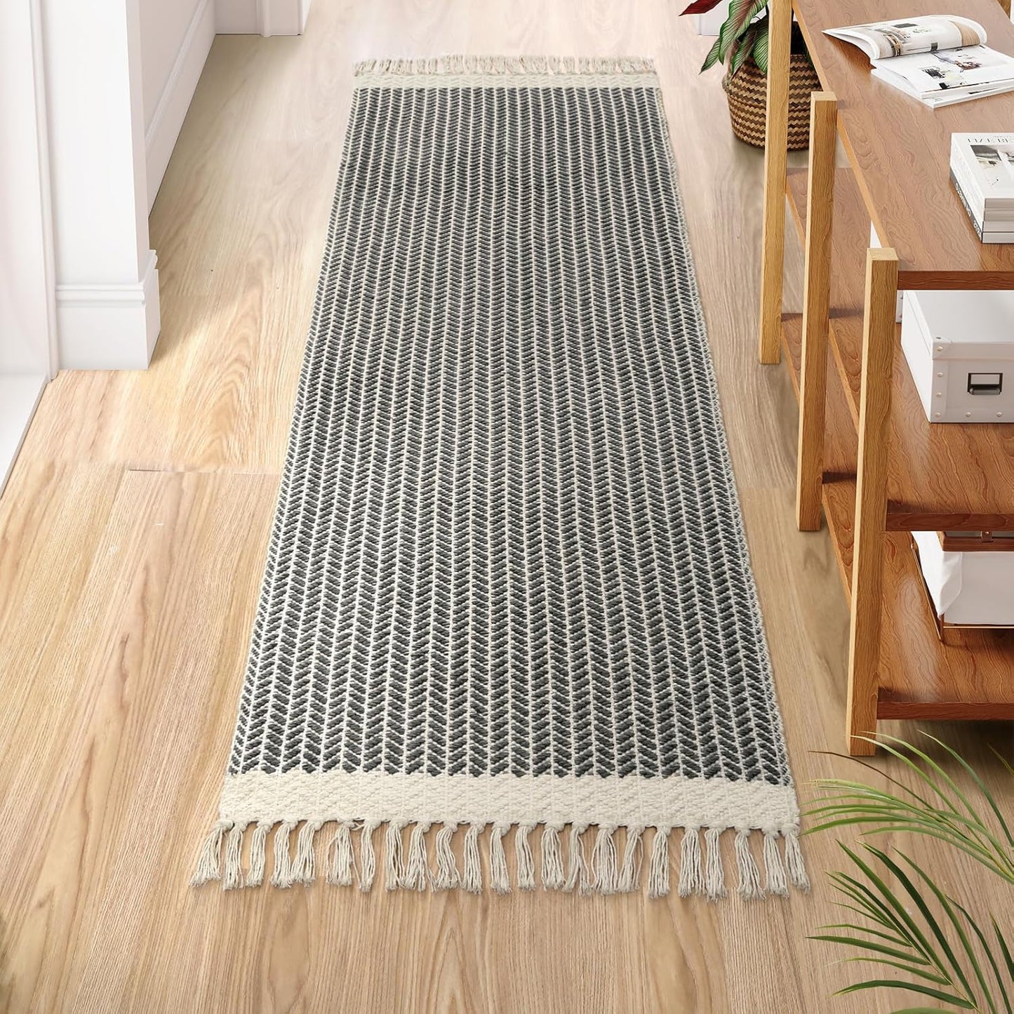 Lahome Boho Hallway Runner Rug, 2x6 Laundry Room Lightweight Entry Bathroom Woven Cotton Throw Mat with Tassels, Farmhouse Non Shedding Washable Grey Rug Low Pile Runner for Kitchen