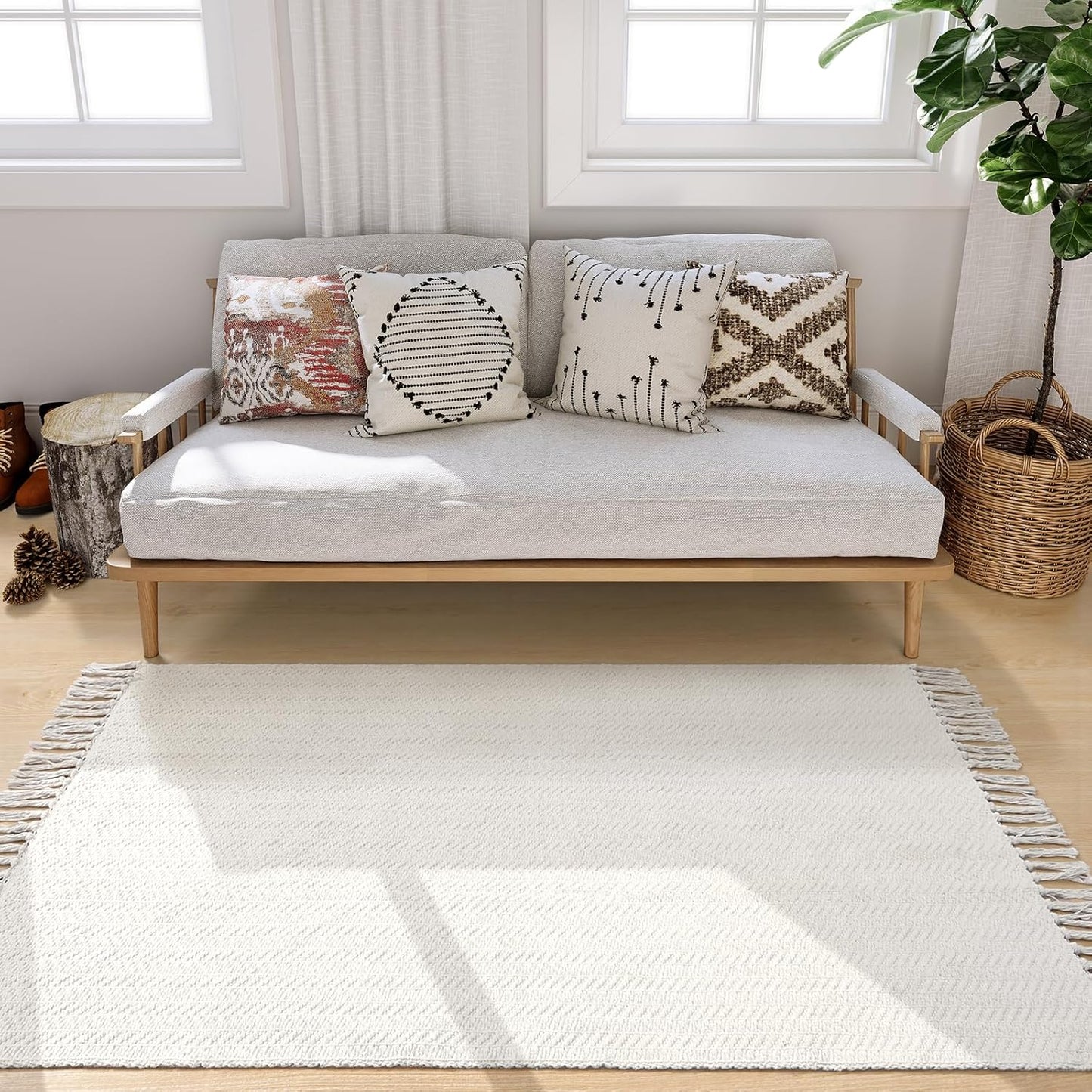 Lahome Boho Rugs for Entryways, 3x5 Kitchen Rug Lightweight Bedroom Rugs Washable Bath Mat with Tassels, Farmhouse Cotton Beige Living Room Low Pile Throw Rug for Laundry Office Decor