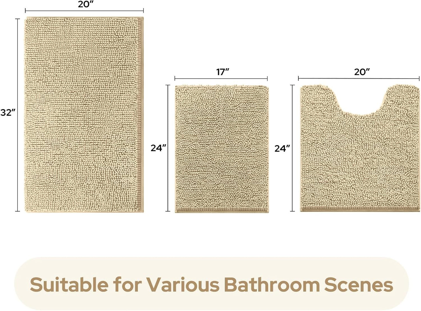 HOMEIDEAS 3 Pieces Bathroom Rugs, Ultra Soft Non Slip Absorbent Chenille Toilet Bath Mat Set (Beige,17"x24"+20"x32"+U Shape 20"x24")
