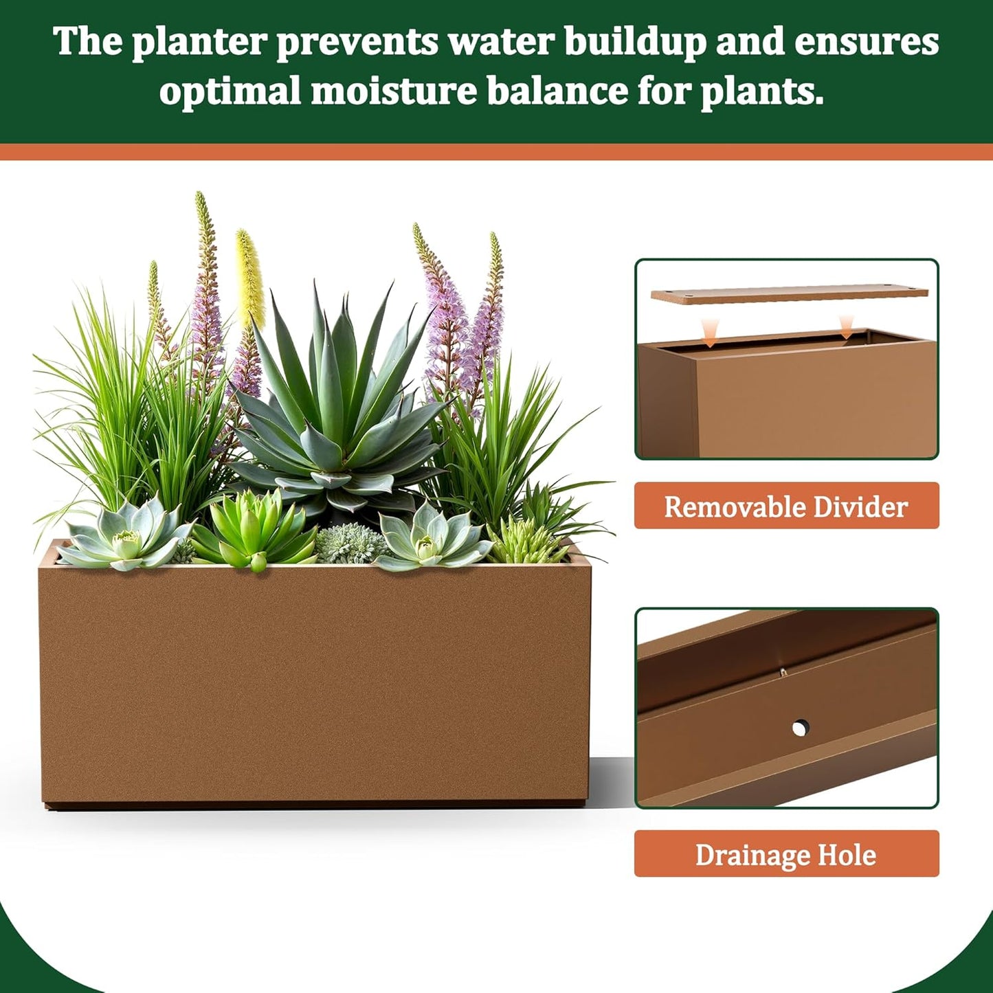 Large Rectangle Planter Metal Brown Planter Box with a Drainage Hole and a Removable Divider Indoor Outdoor Porch Pots for Tall Plants, Trees, Flowers 37.99"x 15" x 16.26" Brown