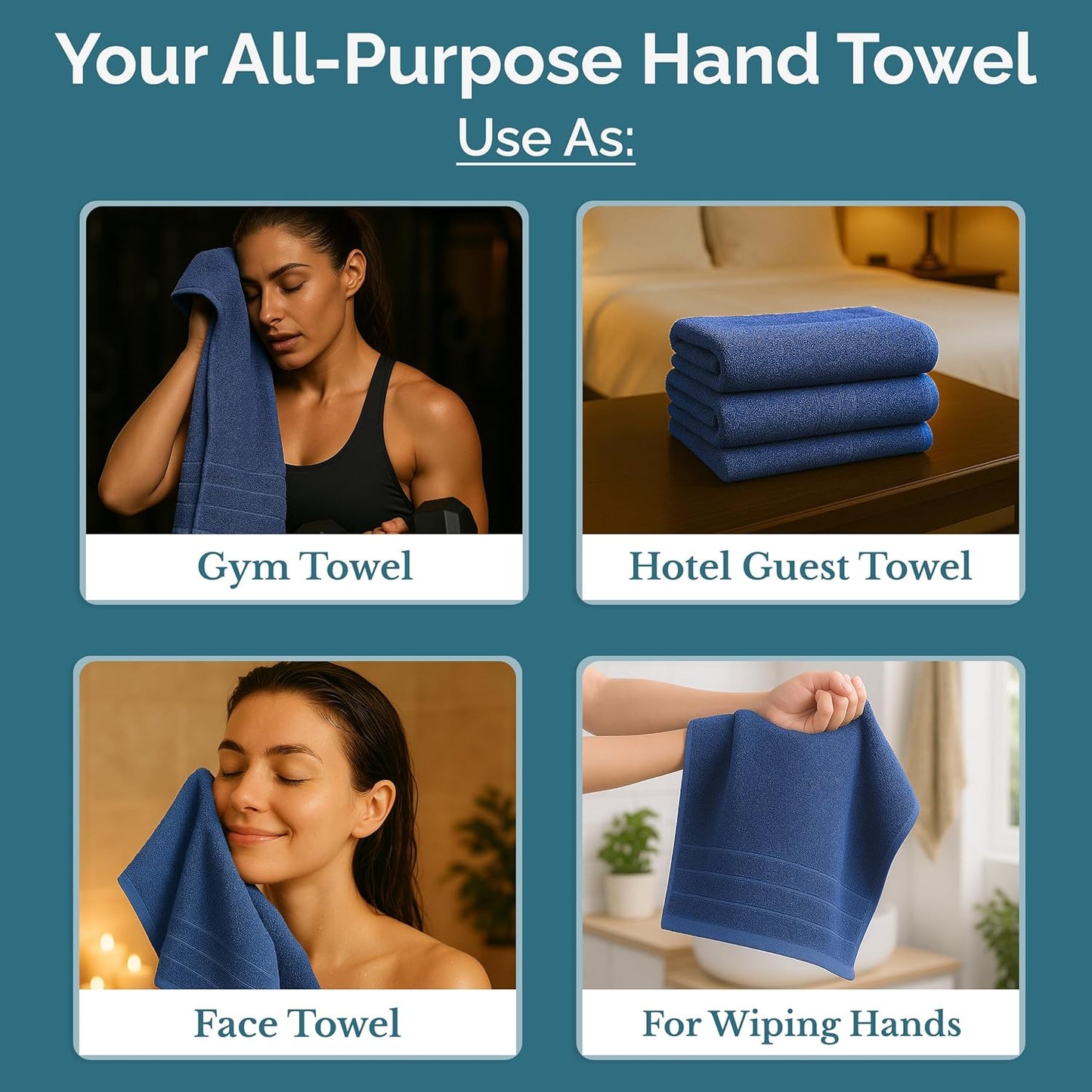 Casa Platino Hand Towels Pack of 6 (16"x28") - Spa & Hotel Quality - 100% Luxury Cotton, Ring Spun - Quick Dry, Ultra Soft & Absorbent Bath Hand Towels for Bathroom & Salon - Pre Shrunk - Navy Blue