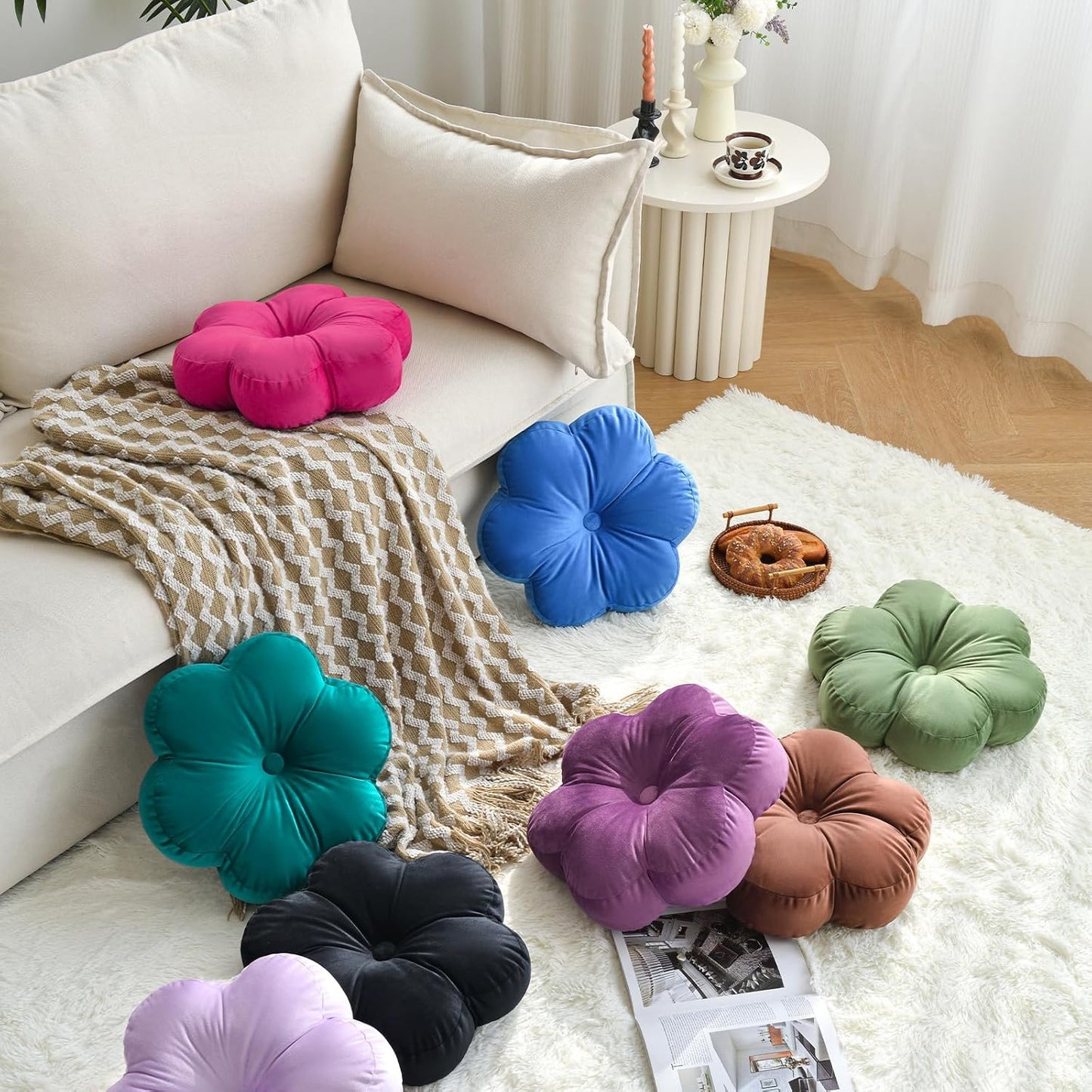 Xuyier Flower Pillow, Flower Shaped Throw Pillows with Velvet for Couch Bed Sofa Chair, Cute Home Decor Floor Seating Cushion Pillows for Living Room Bedroom(15 Inches, Black)