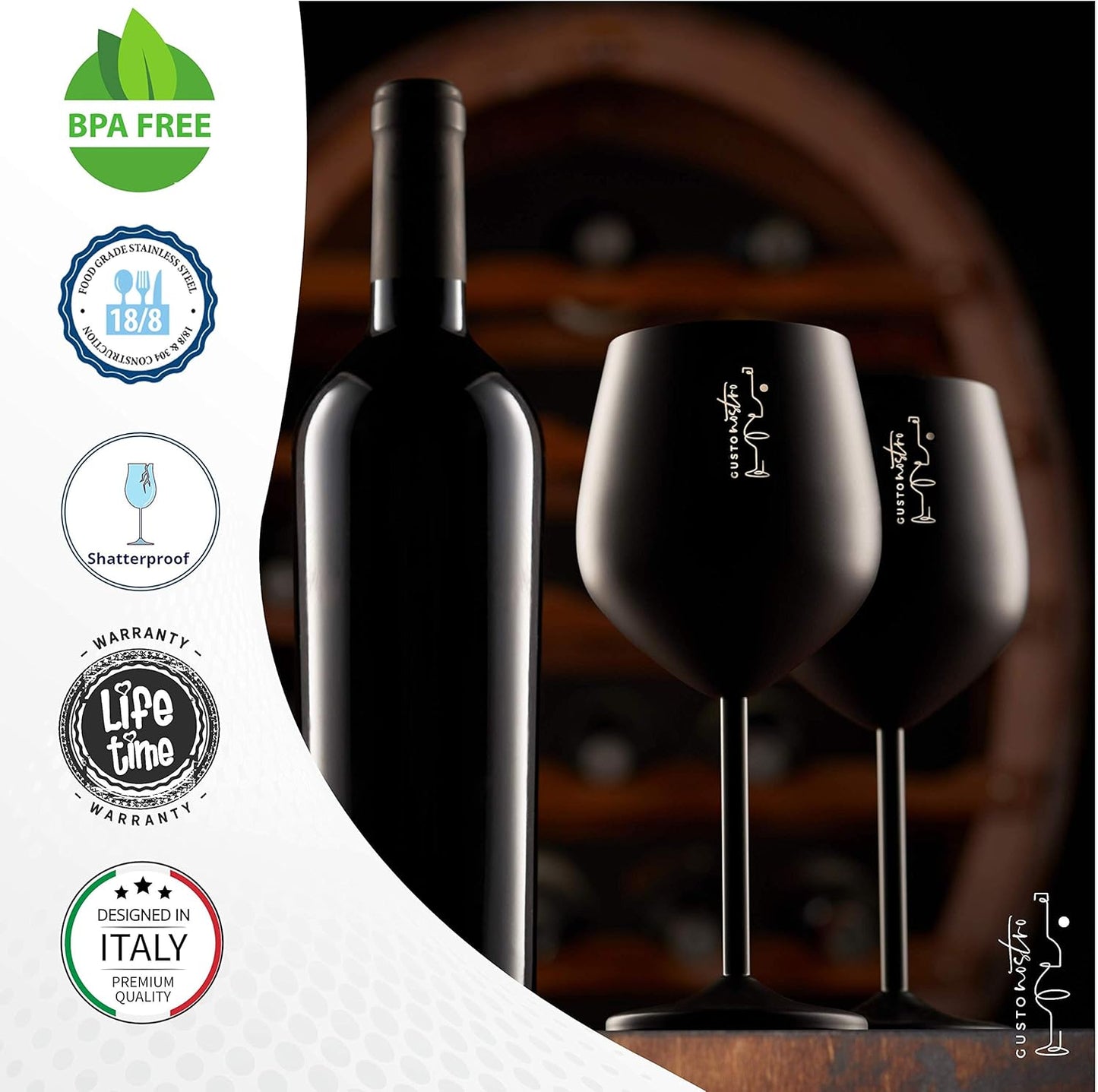 Gusto Nostro Stainless Steel Wine Glass - 18 oz - Unbreakable Black Wine Glasses for Travel, Camping and Pool - Fancy, Unique and Cool Portable Metal Wine Glass for Outdoor Events, Picnics (Set of 2)