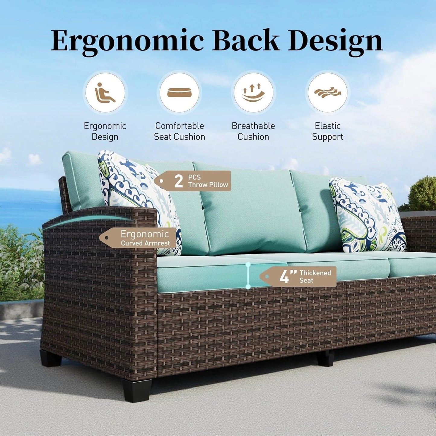 L-Shaped Outdoor Furniture Set, 5-Seat Couch With 2 Ottomans, Durable Rattan Sofa for Small Patios, Modular All-Weather Use, Blue
