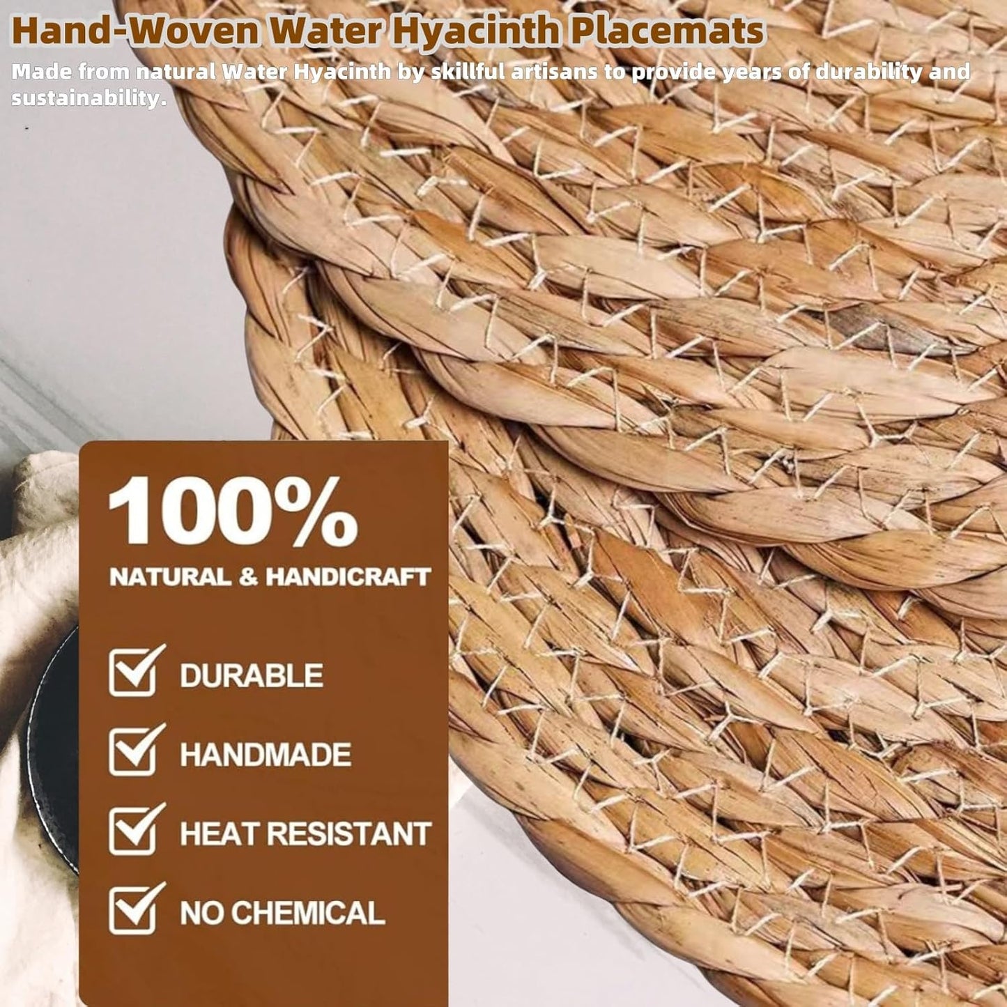 Woven Placemats Set of 4, 13.5" Round Rattan Placemats, Natural Water Hyacinth Place mats, Farmhouse Weave Place Mats, Rustic Braided Wicker Table Mats for Dining Table, Home, Outdoor