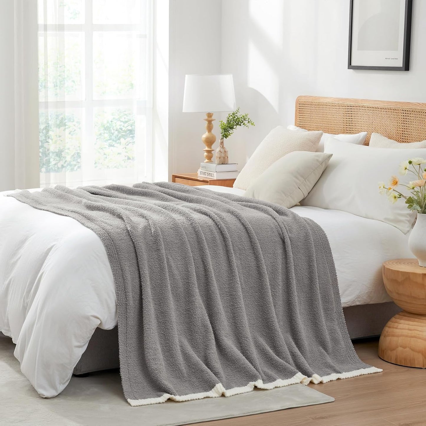 Snuggle Sac Grey Throw Blanket for Couch Bed Sofa 60x80 inches, Reversible Grey Blanket Microfiber Fluffy Fuzzy Cozy Knit Twin Blanket for Women Mothers Birthday Gifts