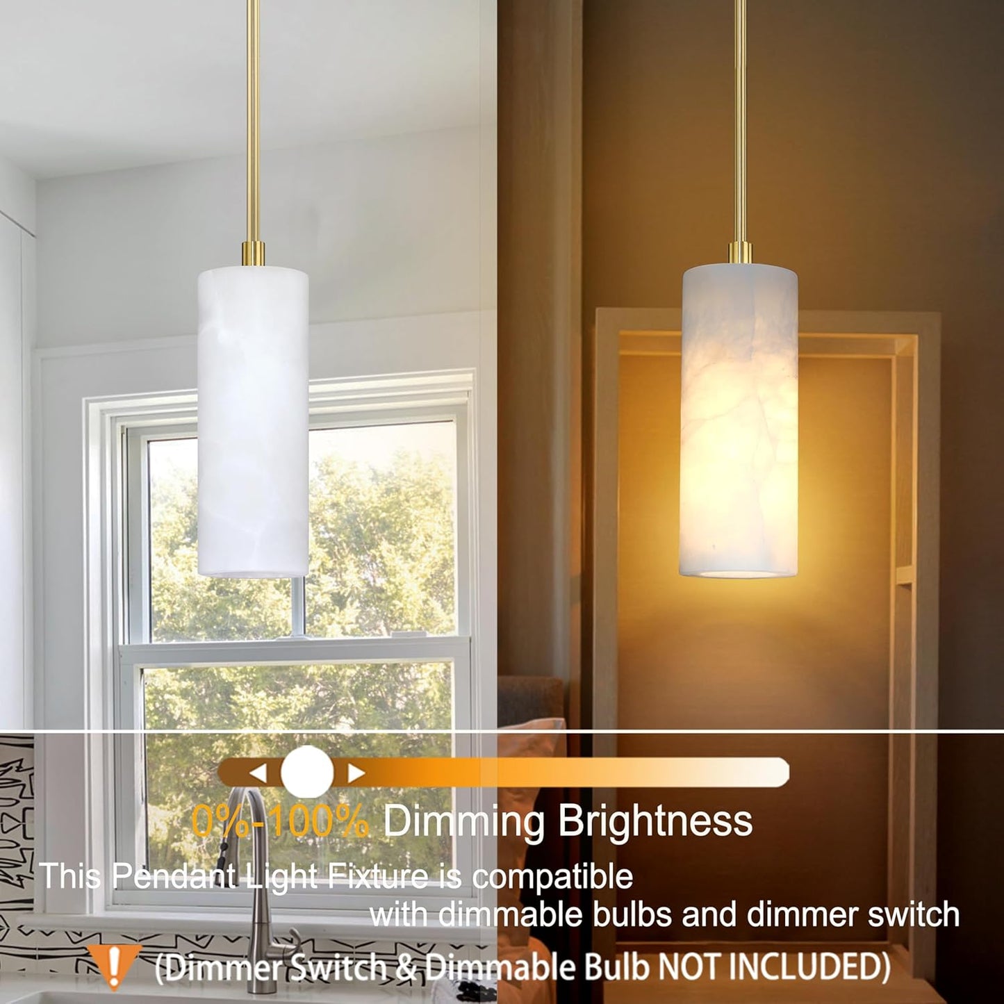 1 Light Modern Industrial Farmhouse Hanging Kitchen Island Pendant Ceiling Light Fixture,Cylinder Natural Alabaster Marble Brushed Bronze Finish Over Sink Restaurant bar Corridor