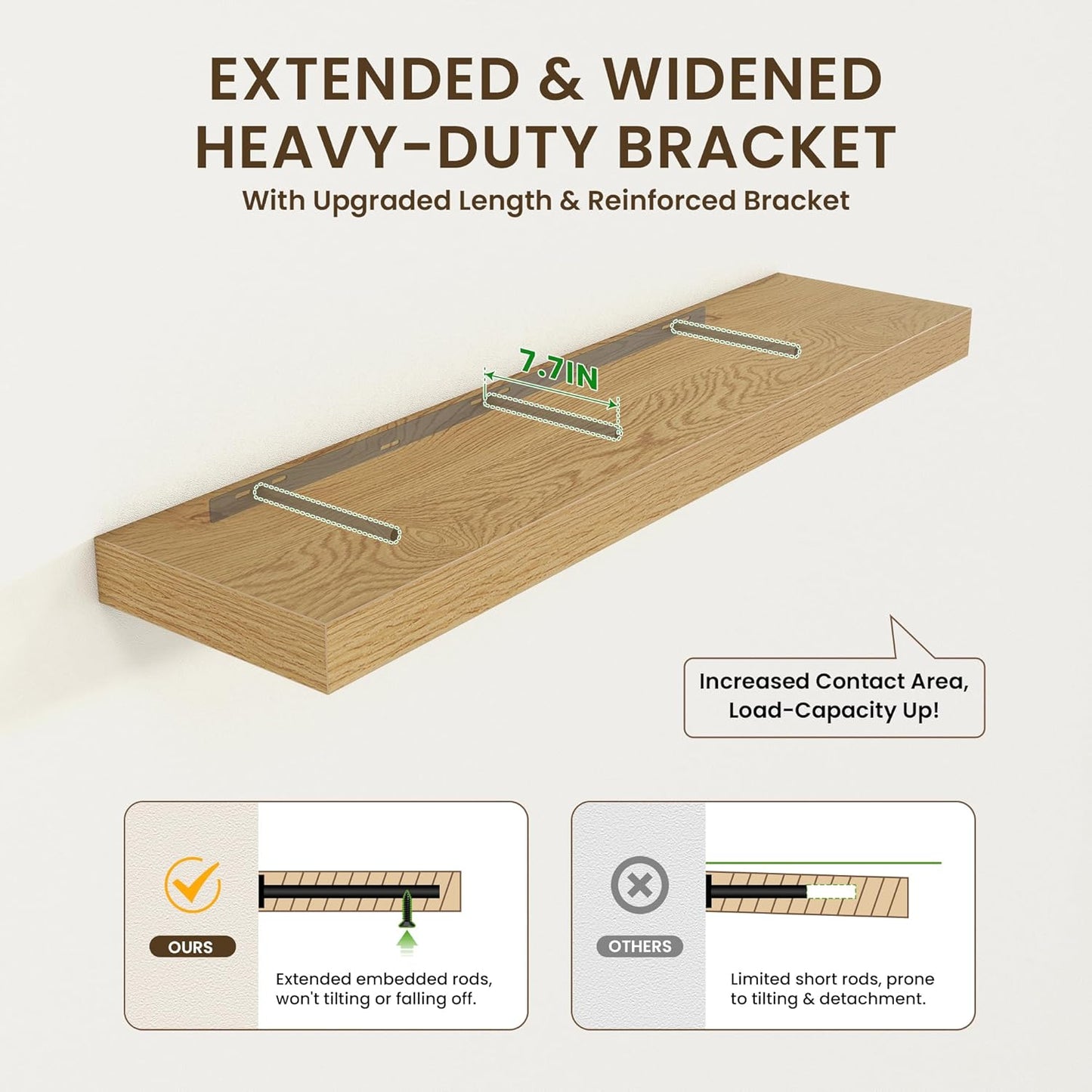 Deep Floating Shelves for Wall - 48 Inch Wide x 12 Inch Deep Oak Floating Shelves Set of 1 - Rustic Wide Wood Shelves for Living Room, Bathroom, Laundry Room, Bedroom, Kitchen, Home Office