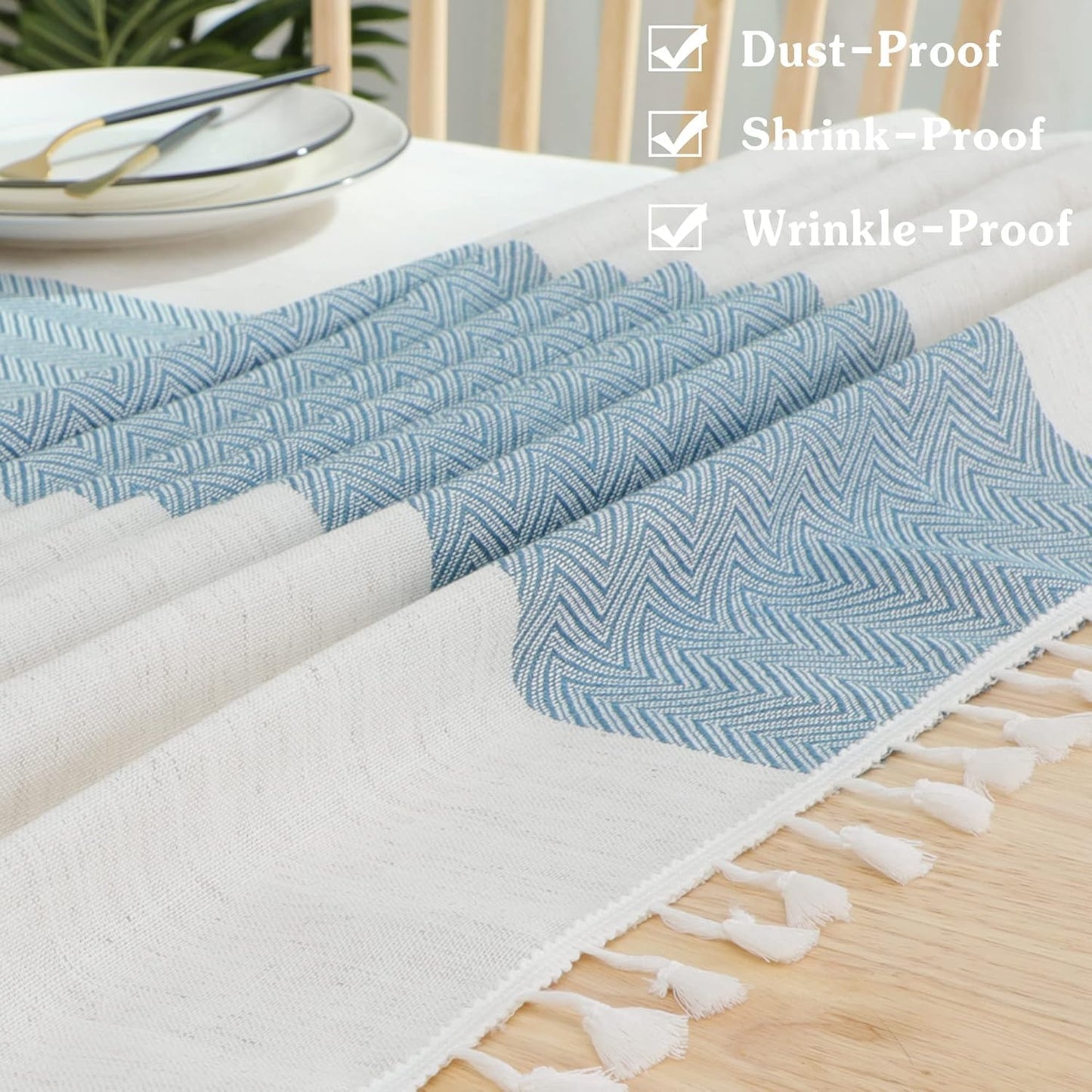 JIALE Tablecloths for Rectangle Tables,Cotton Linen Table Cloth Waterproof Tablecloth Wrinkle Free Farmhouse Dining Tables Cover,Soft Fabric Table Cloths with Tassels, Blue,55" X 70",4-6 Seats