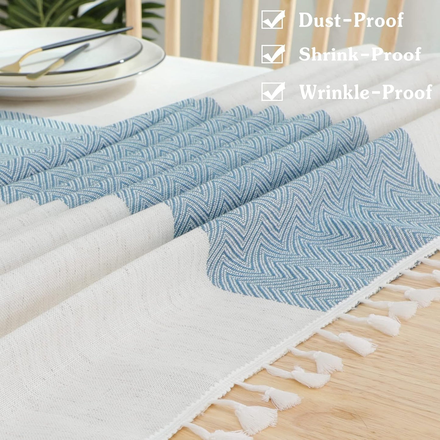 JIALE Tablecloths for Rectangle Tables,Cotton Linen Table Cloth Waterproof Tablecloth Wrinkle Free Farmhouse Dining Tables Cover,Soft Fabric Table Cloths with Tassels, Blue, 55" X 86",6-8 Seats