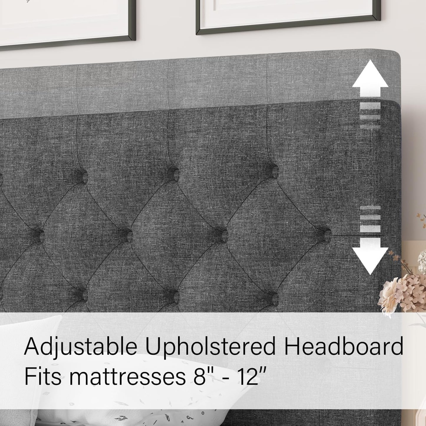 HOMBCK Twin Size Bed Frame, Gray Linen Fabric Upholstered Bed Frame with Headboard, Twin Bed Frames for Kids, Wood Slats, Button Tufted, No Box Spring Needed, Light Grey