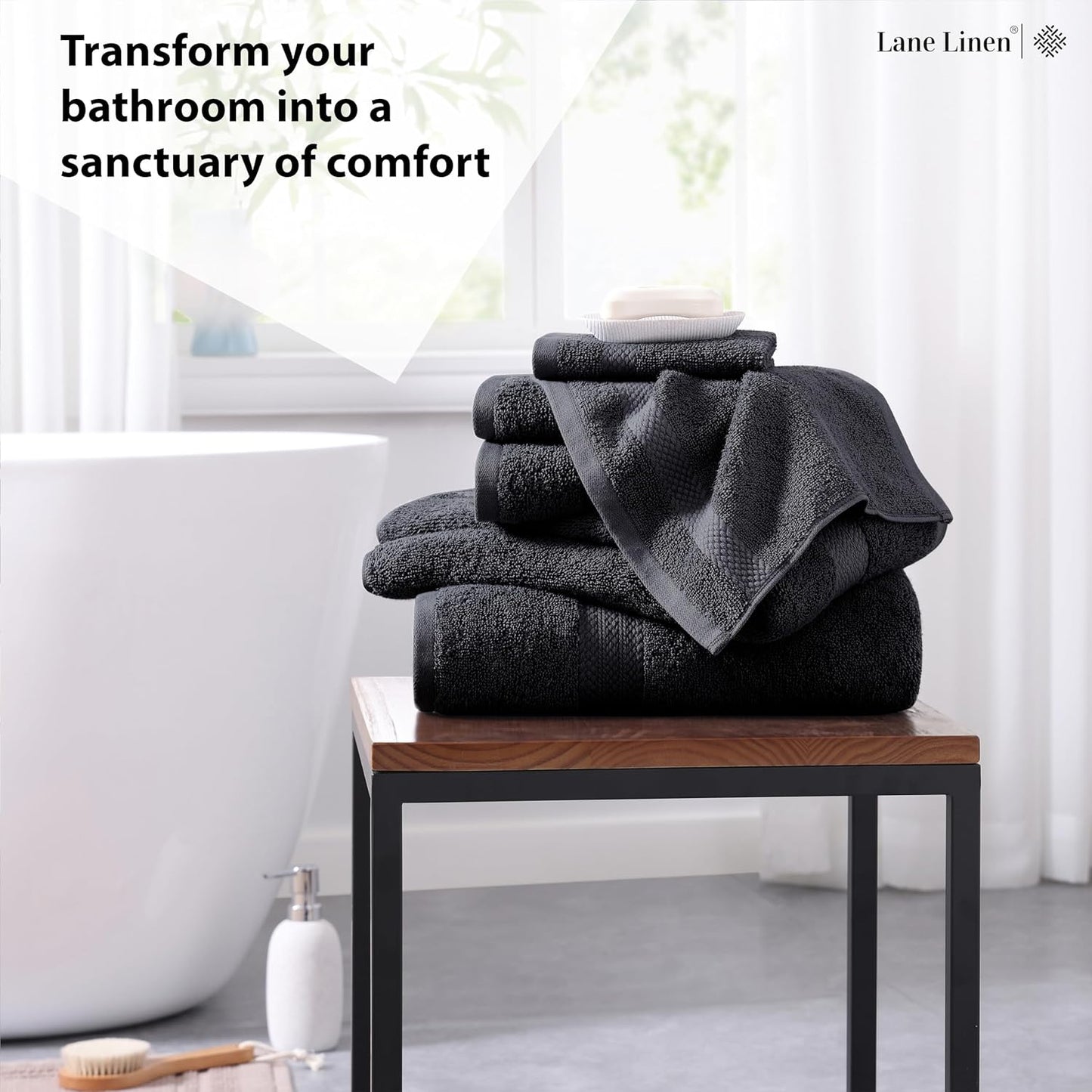 LANE LINEN 100% Cotton Luxury Bath Towel Set - 6 Pieces - Ring Spun, Super Soft & Highly Absorbent - 2 Bath, 2 Washcloths, 2 Hand Towels for Bathroom - Holds Well After Multiple Washes - Black