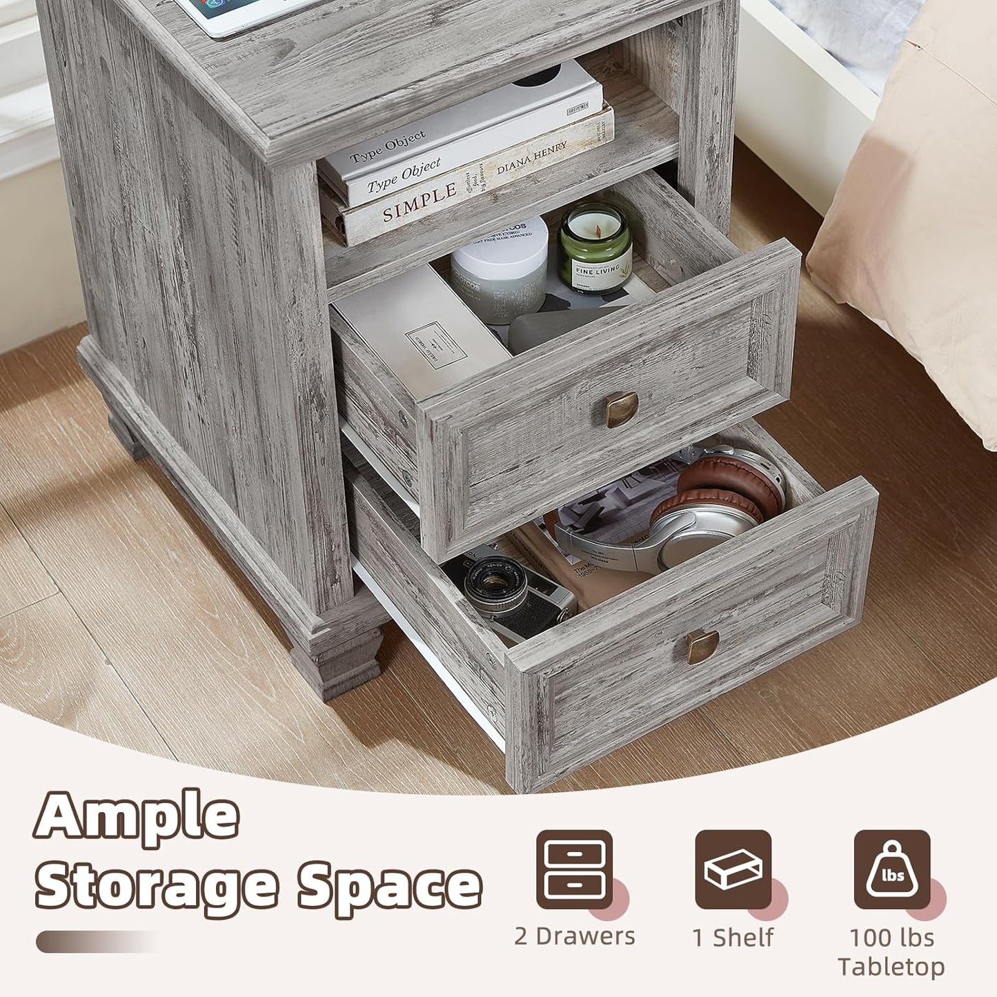 Farmhouse Nightstand with Charging Station, Rustic Grey Nightstand,2 Drawers End Table for Living Room,Bedside Table with Open Shelf for Bed Room,Grey