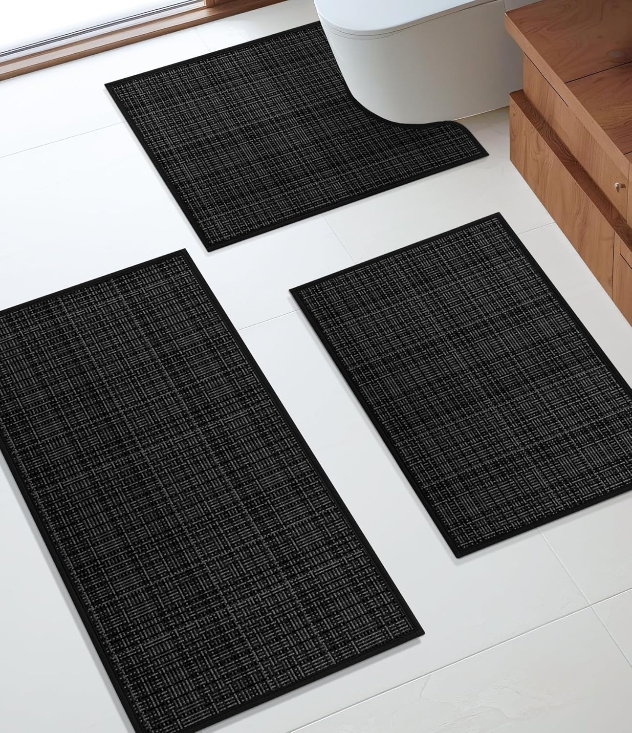 YIHOUSE Bathroom Rugs Sets 3 Pieces, Ultra Thin Bath Mats Fit Under Door, Absorbent Quickly Dry Rubber Backing Braided Bath Mat Set, Non Slip Washable Bath Rugs for Bathroom Floor
