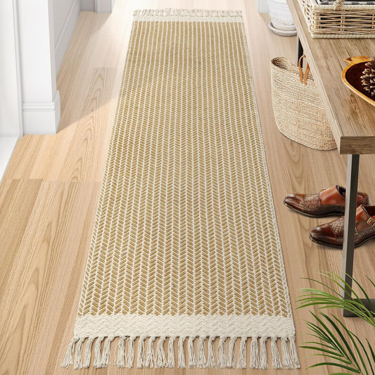 Lahome Boho Laundry Room Rug, 2x7 Runners for Hallways Lightweight Entry Woven Cotton Runner Rug with Tassels, Farmhouse Non Shedding Washable Rugs Low Pile Runner for Kitchen Bathroom, Khaki