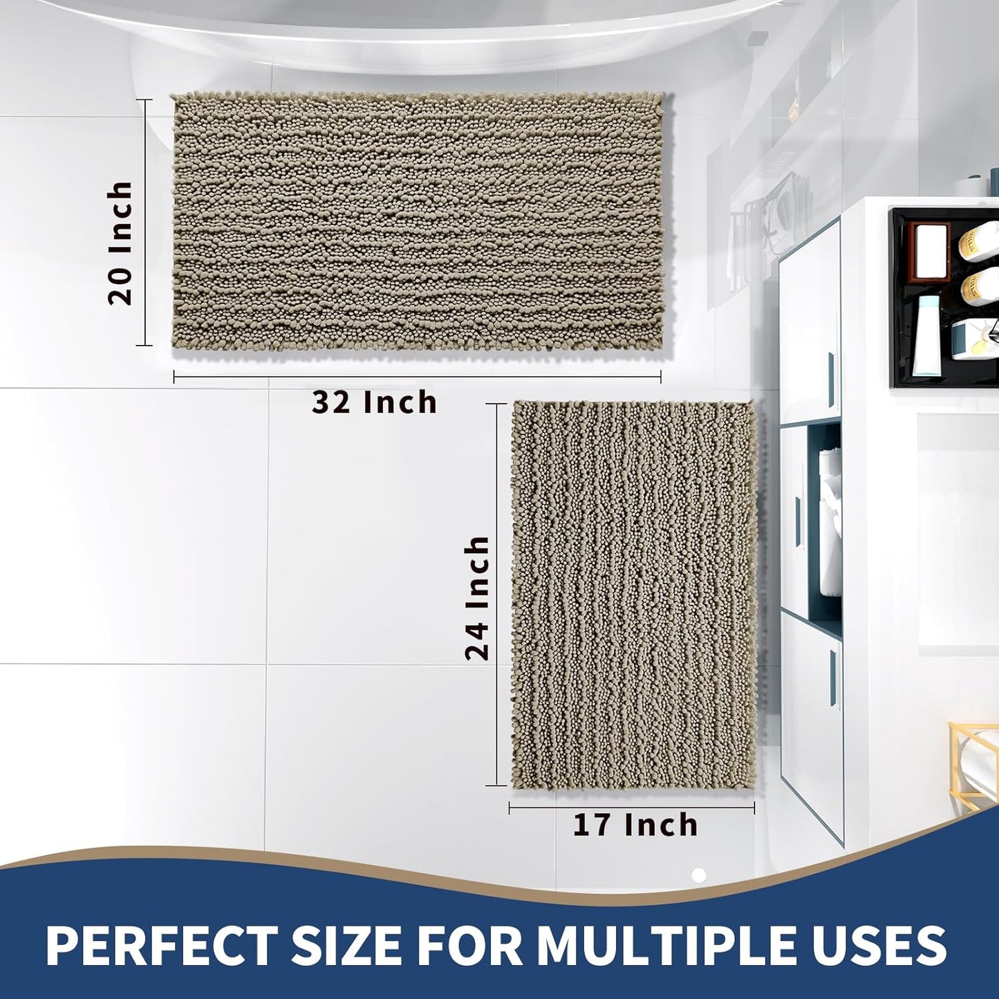 Yimobra Bathroom Rugs Sets 2 Piece - Quick Dry Extra Thick Luxury Chenille Bath Mat, Non Slip Super Absorbent for Tub Shower Sink, Machine Washable Shaggy Floor Mat, 32"x20"+24"x17" Inch, Pale Khaki