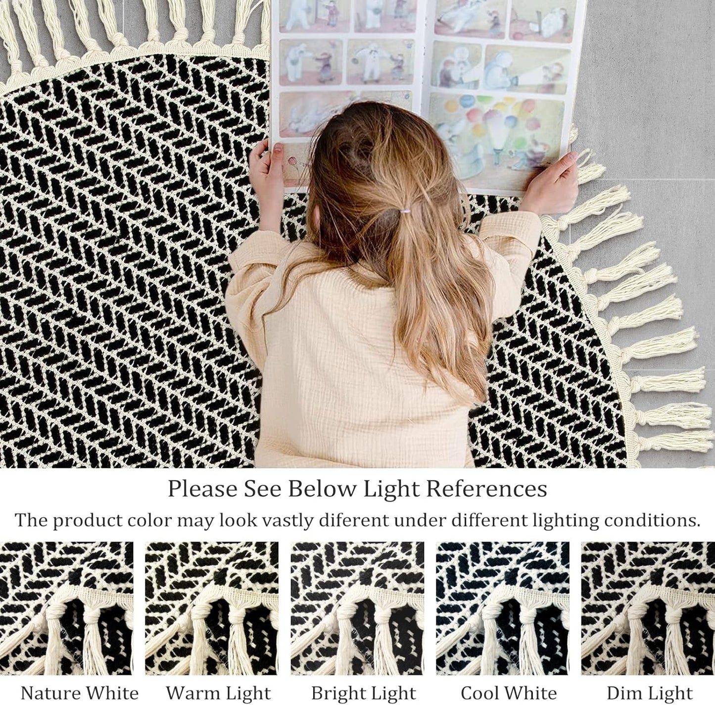 Lahome Boho Black and White Round Rug 3ft, Small Circle Bathroom Kitchen Rug Lightweight Washable Rugs for Entryway with Tassels, Farmhouse Cotton Non Shedding Round Mat for Bath Dorm Bedroom