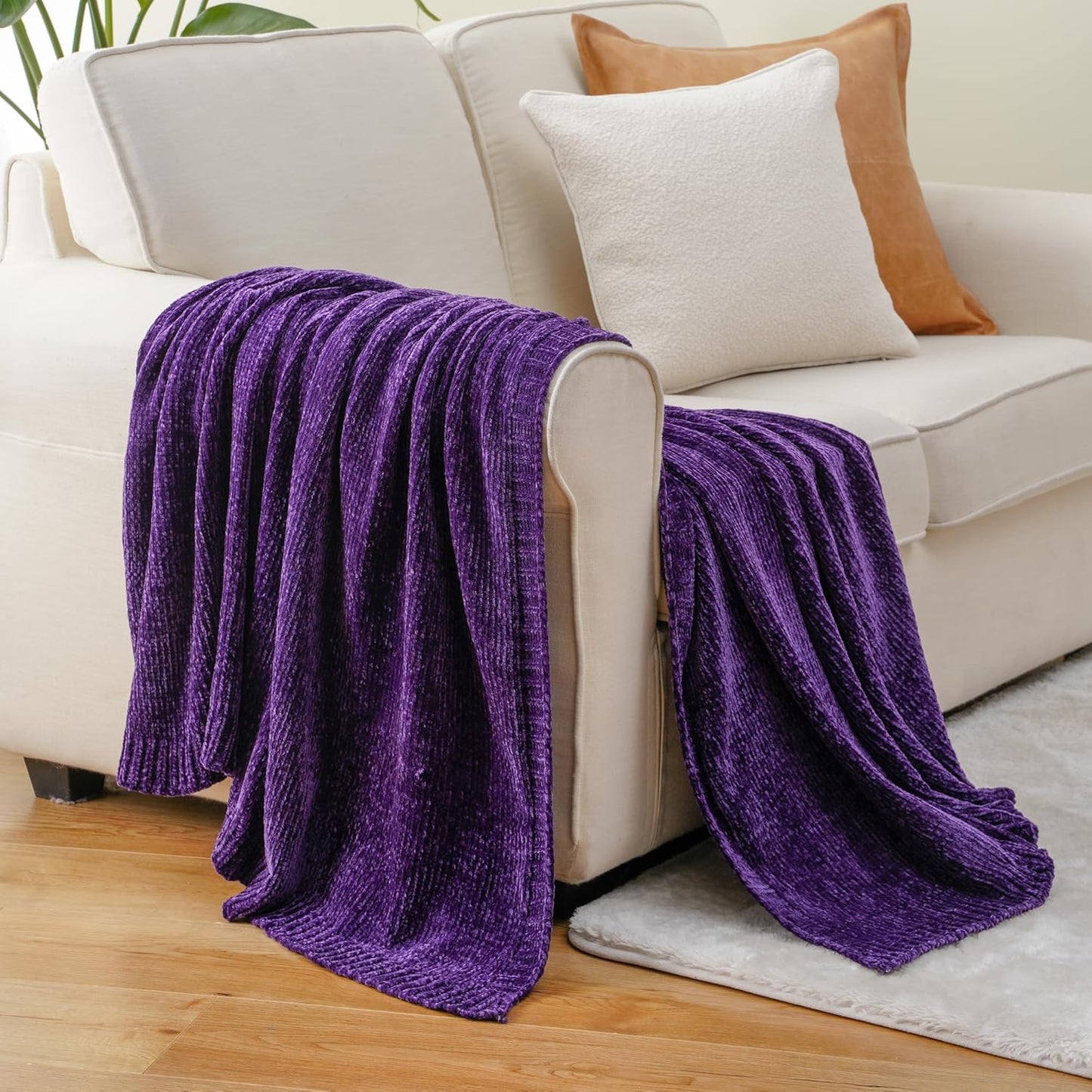 BATTILO HOME Chenille Knitted Throw Blanket for Couch, Decorative Cozy Dark Purple Throw Blanket for Bed Sofa Outdoor, Super Soft Purple Blankets Chenille Blankets for Home Decor, 51"x67"