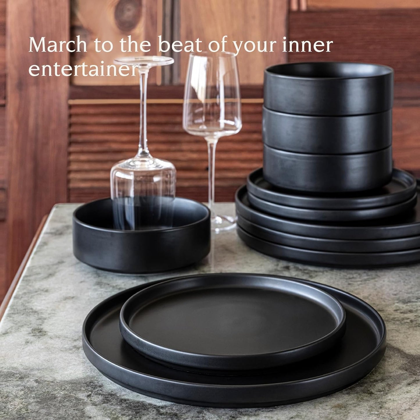 over&back 12-Piece Stackable Stoneware Dinnerware Set – Includes 4 Dinner Plates, 4 Salad Plates, 4 Cereal Bowls & 4 Dinner Bowls – Durable & Stylish Semi-Matte Black Dishes