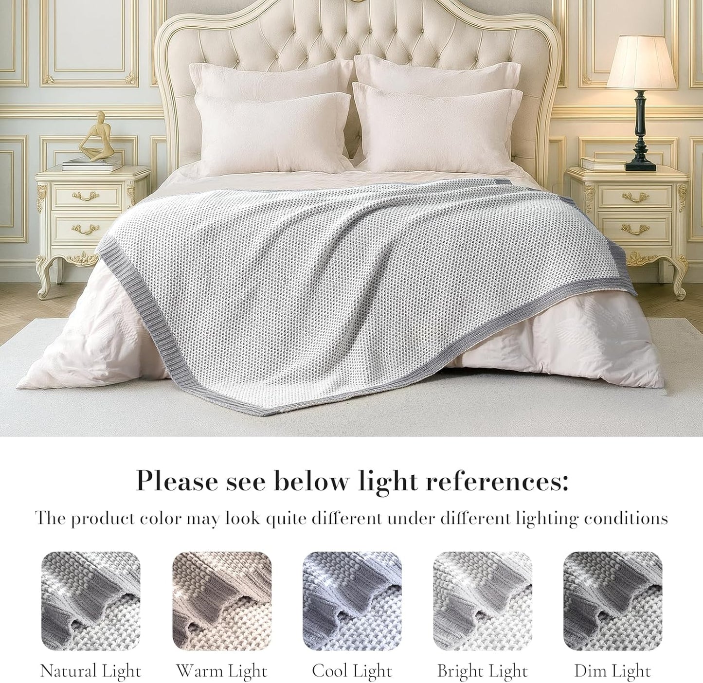 Amélie Home Honeycomb Knit Throw Blanket for Couch, Dual-Sided Soft Chenille Decorative Blankets for Sofa & Chair, 50"x60", Gray & White