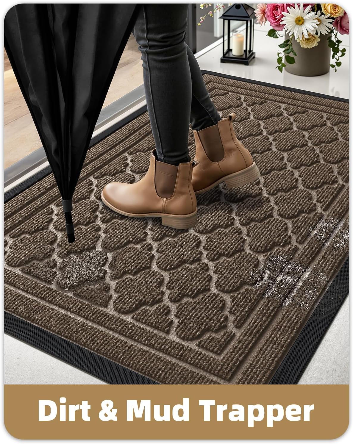 Color&Geometry Front Door Mat Outside Entrance, Heavy Duty Non Slip Low Profile Doormat for Entryway, Trap Dirt and Moisture Welcome Mats All-Weather, Easy Clean, Patio, Garage, 17"x30" Brown