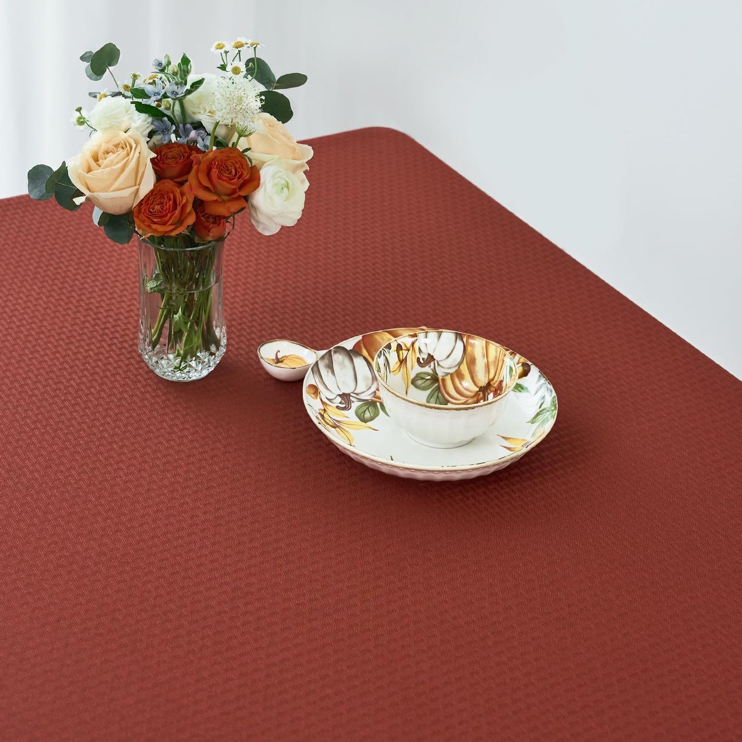 maxmill Rectangle Weaved Design Tablecloth Waterproof Spillproof Fall Table Cloth, Kitchen Dining Room Thanksgiving Decoration, Fabric Table Cover Halloween Party, 60 x 84 Inch, Rustic Brick