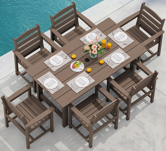 SERWALL 7-Piece Patio Dining Table Sets, Outdoor HDPE Dining Furniture Set with Umbrella Hole Cut-Out Table and 6 Chairs, All Weather Dining Set for Lawn, Garden, Backyard, Poolside, Coffee