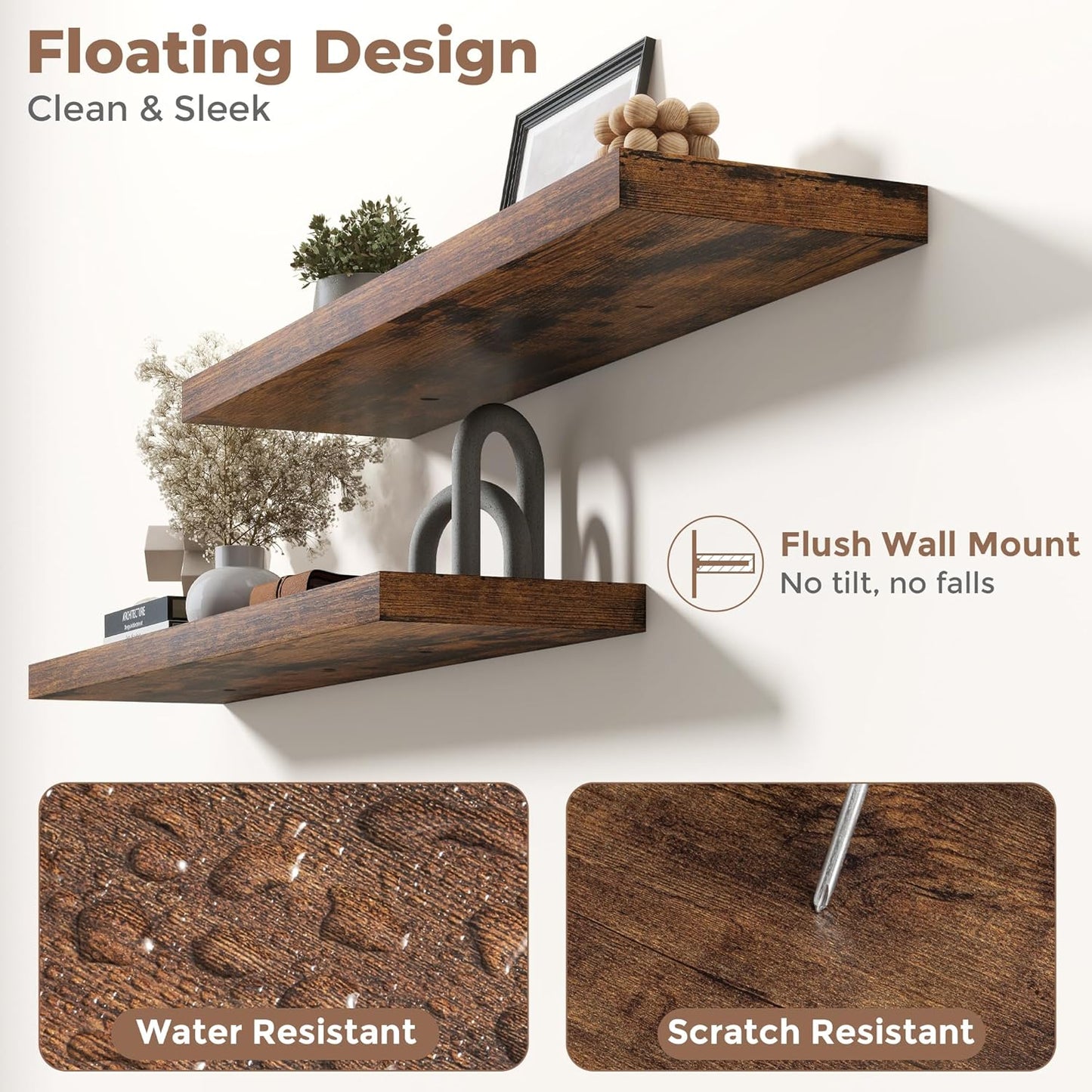 Floating Shelves for Wall with Invisible Brackets, Wall Mounted Engineered Wood Shelves with Wood Grain for Living Room, Bathroom, Kitchen Decor and Storage, Oak, 40"L Set of 2, Rustic Brown