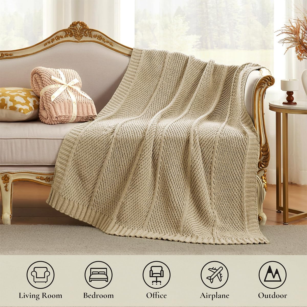 Amélie Home Chevron Chenille Knit Throw Blanket for Couch, Cozy Texture Decorative Soft Blanket for Sofa & Chair, 60"x80", Beige