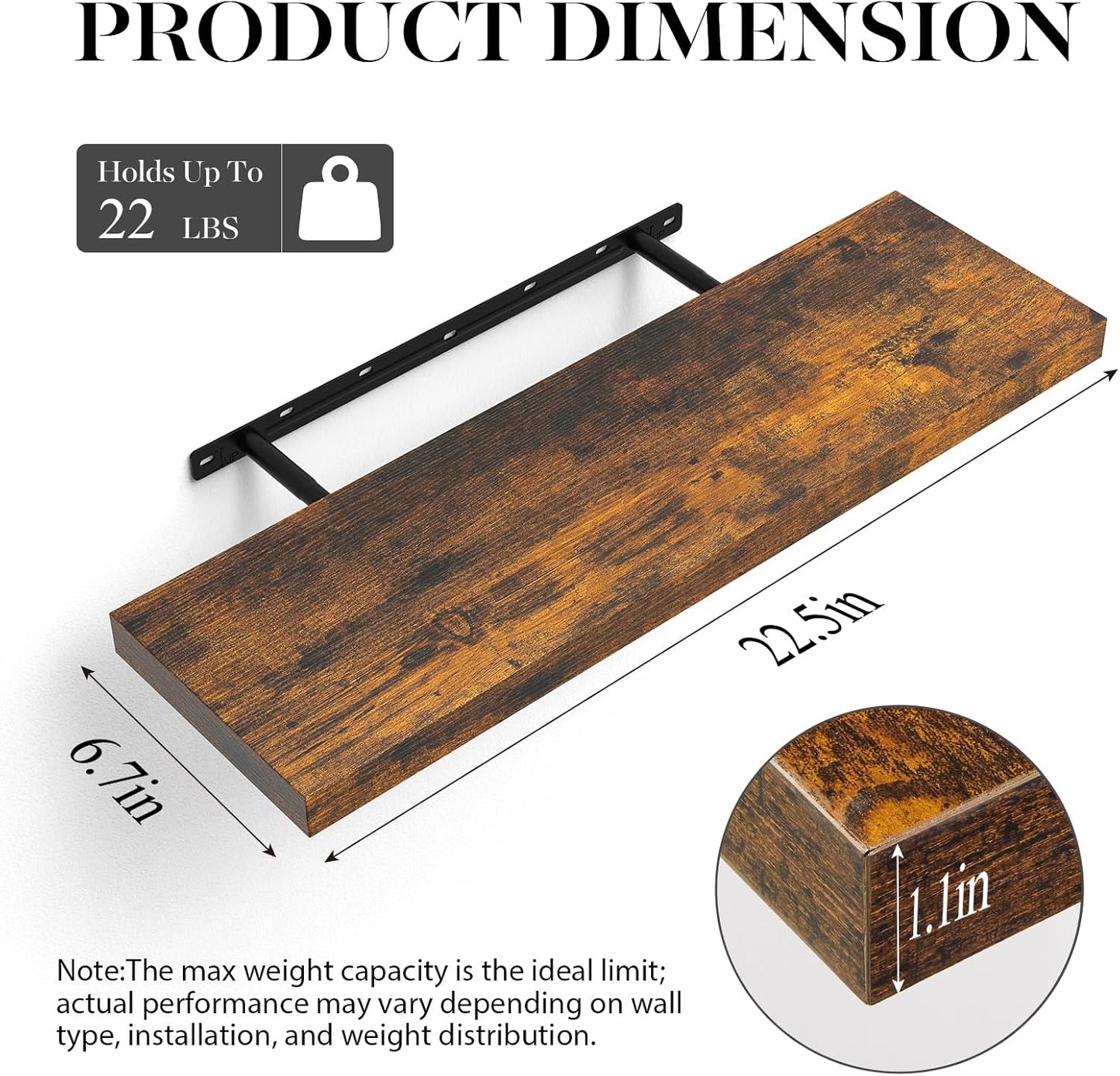 BAYKA Floating Shelves, 22.5" Rustic Wood Wall Mounted Shelves for Bathroom, Bedroom, Living Room&Kitchen, Hanging Display Shelf with 22 lbs Capacity, Fall Home Decor Shelves (Rustic Brown, Set of 2)