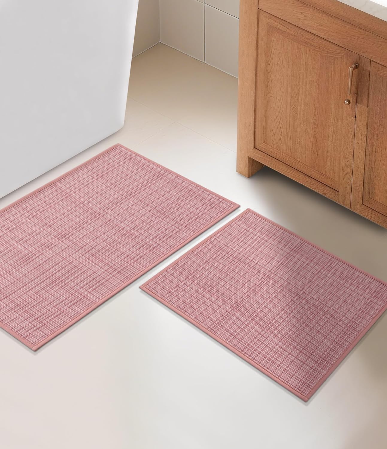 YIHOUSE Bathroom Rugs Sets 2 Pieces, Pink Ultra Thin Bath Mats Fit Under Door, Absorbent Quickly Dry Rubber Backing Braided Bath Mat Set, Non Slip Washable Bath Rugs for Bathroom Floor, Pink