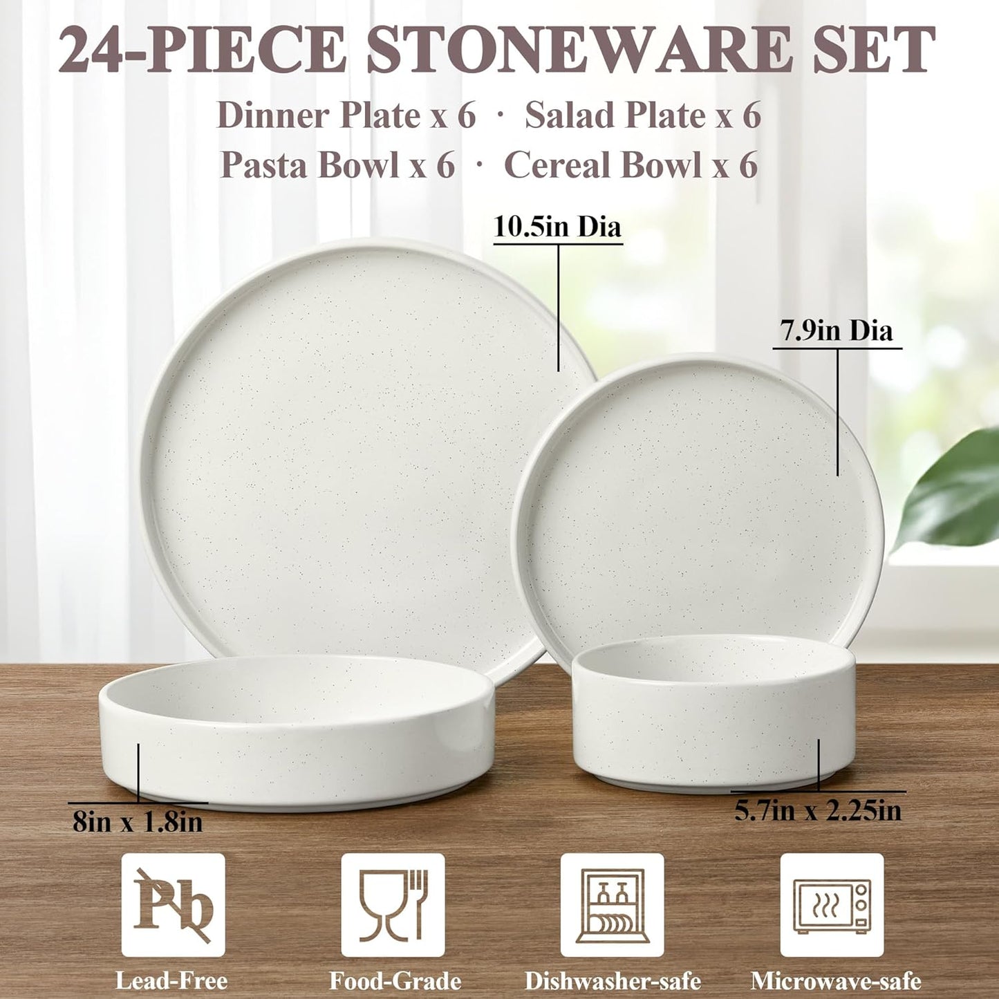 Herogo 24 Piece Dinnerware Sets with Pasta Bowls for 6, Dinner Salad Plates and Cereal Serving Bowls, Stoneware Dishes Dinner Ware for Kitchen Dining, Dishwasher & Microwave Safe, Speckled White