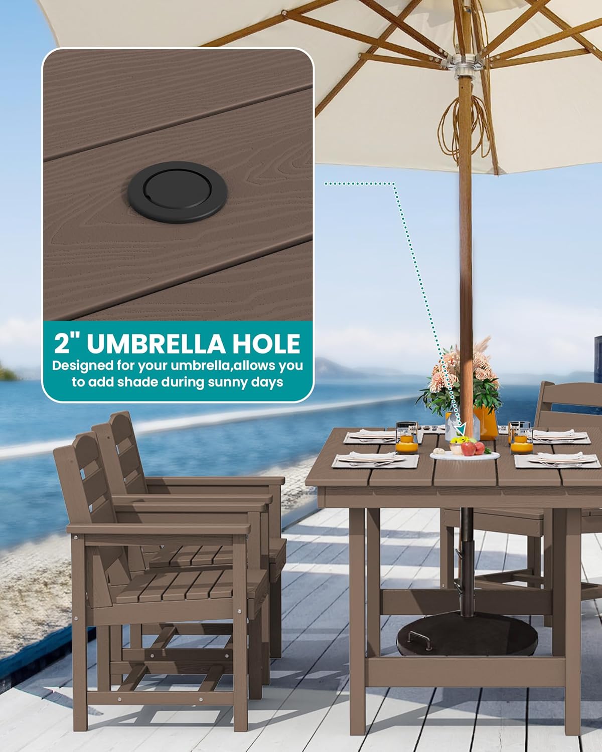 SERWALL 6-Person Outdoor Dining Table - 67" Rectangle HDPE Patio Table with Center Umbrella Hole, Weatherproof, Coffee