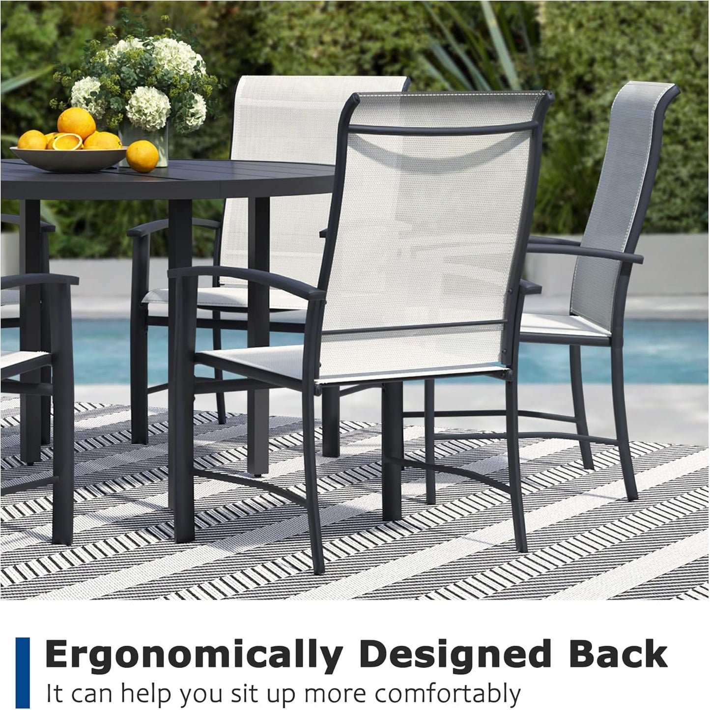 7 Piece Outdoor Dining Set, Patio Table and Chairs Set of 6, 47" Black Round Patio Table with 6 Oyster Beige Patio Chairs for Lawn, Garden, Porch