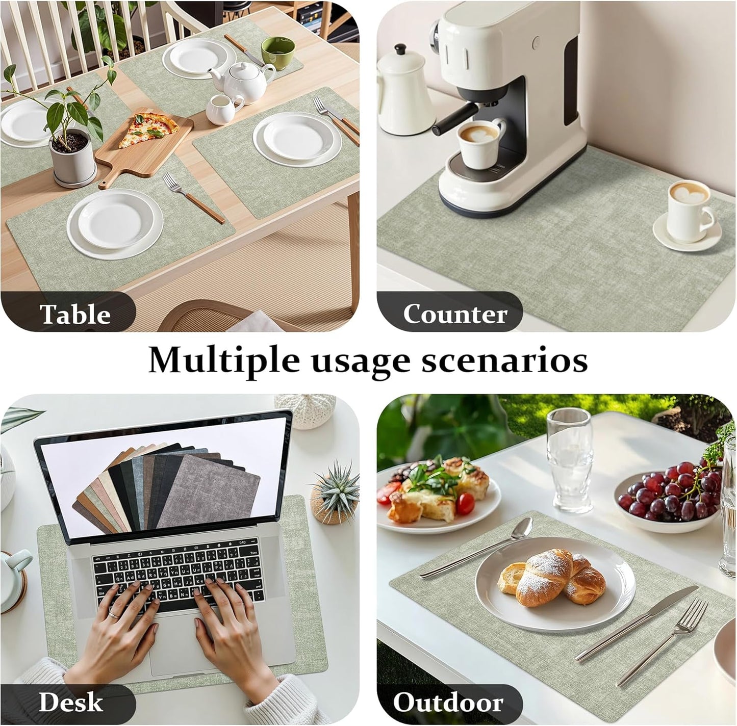 FROMHEART Faux Leather Placemats Set of 12–Waterproof,Heat/Oil Stain-Resistant PU Table Mat–Reversible,Non-Slip,Easy to Clean Place Mats for Kitchen,Dining,Indoor/Outdoor,(Light Green,11.8" x 17")