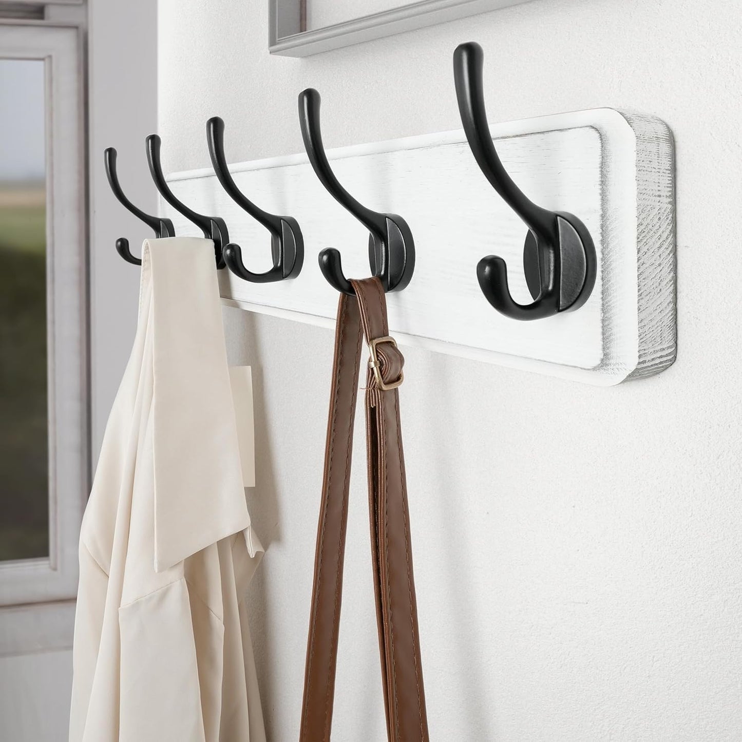 SKOLOO Rustic Wall Mounted Coat Rack, Pine Solid Wood Coat Hook Hanger - 5 Hooks for Hanging Clothes Robes Towels Coats