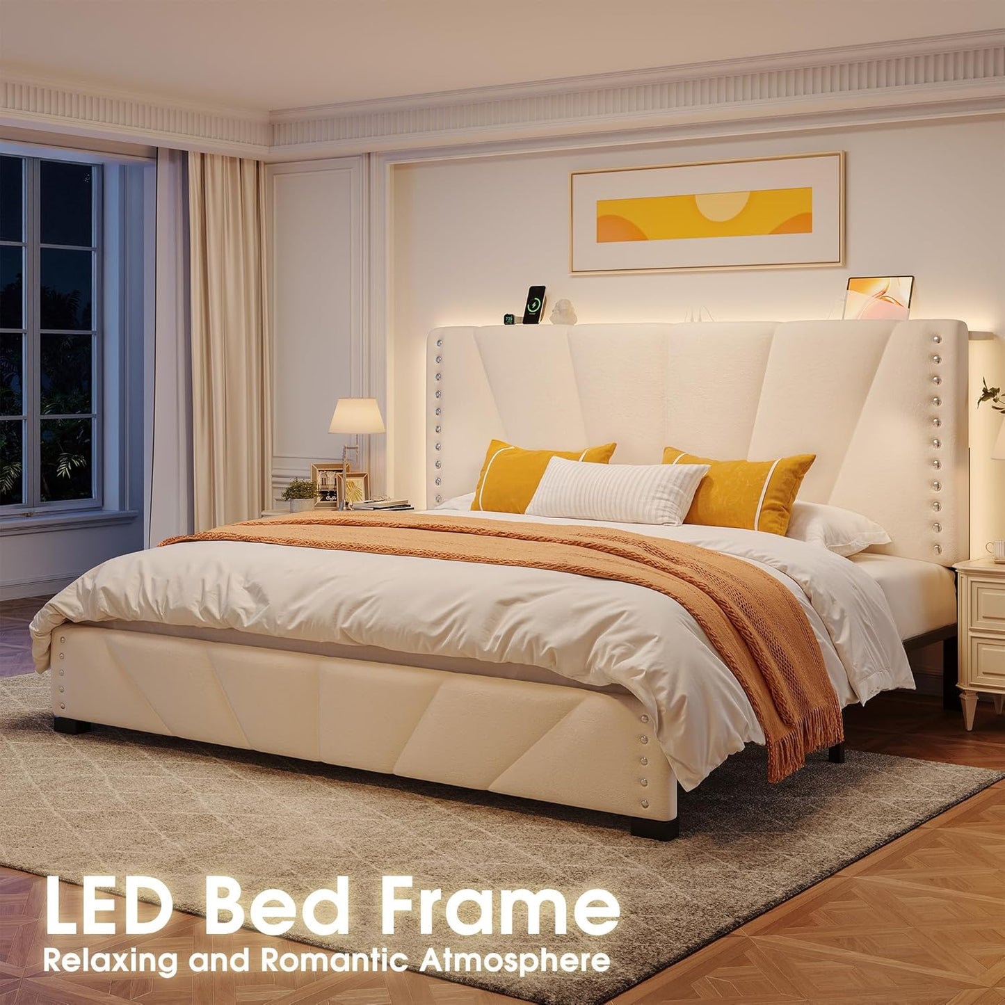 EnHomee King Size Bed Frame, Velvet Bed Frame with Headboard and Led Light, Platform Bed Frame for Bedroom Apartment, Dorm, Noise-Free, Easy Assembly, Beige