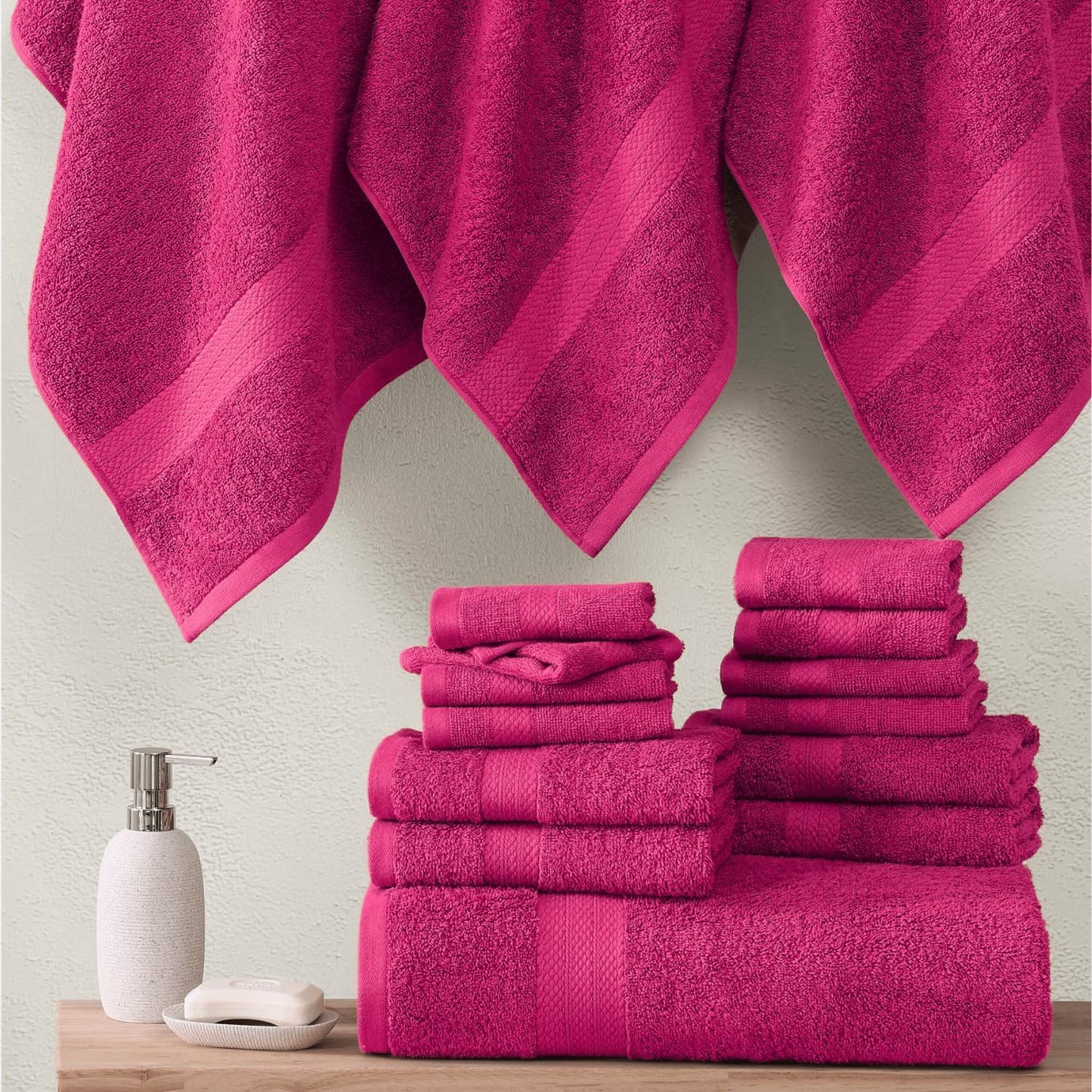 LANE LINEN 100% Mercerized Cotton Luxury Bathroom Towel Set - 16 Pcs - Premium Super Soft, Fluffy & Highly Absorbent - 4 Bath Towels, 8 Washcloths, 4 Hand Towels - Pre Shrunk, Pet Friendly - Fuschia
