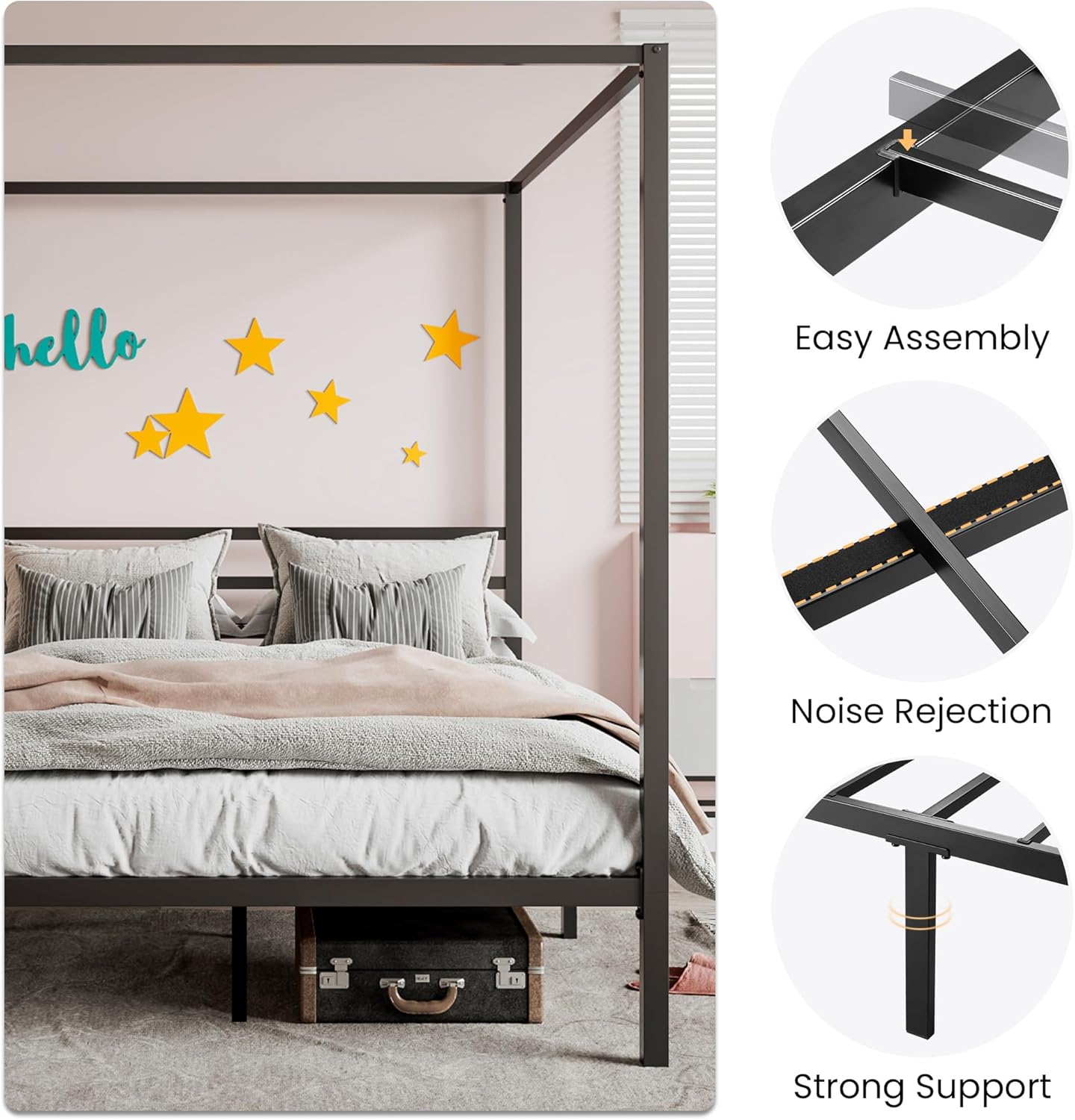 SHA CERLIN Canopy Bed Frame Queen Size/Mattress Foundation with Metal Slats Support/No Box Spring Needed/Easy Assembly/Black