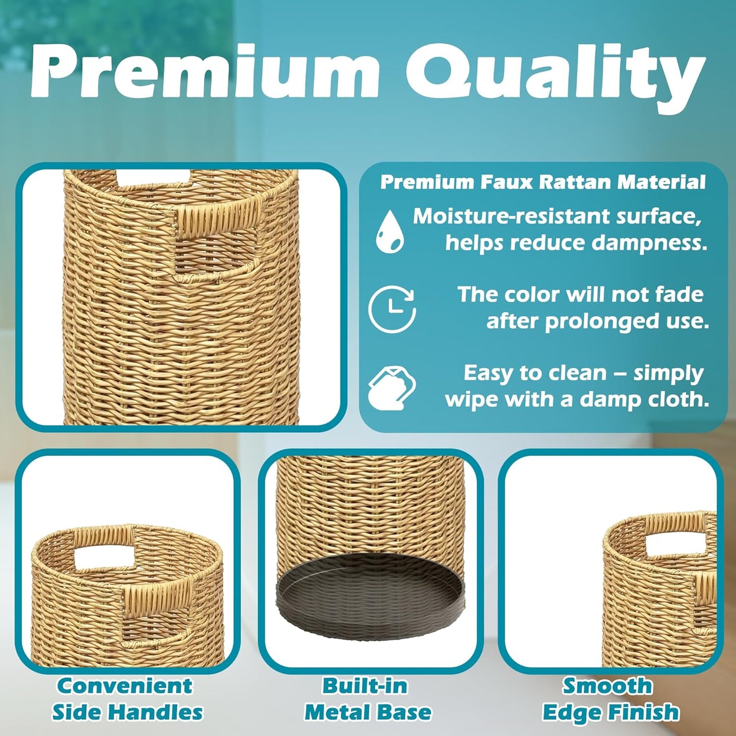 Rattan Umbrella Holder 20.8" H X 10" D,Handmade Wicker Umbrella Stand Indoor with Dip Tray,Sturdy Umbrella Holders for Entryway,Umbrella Bucket Fits Mudroom,Walking Canes,Home,Office (Oak)