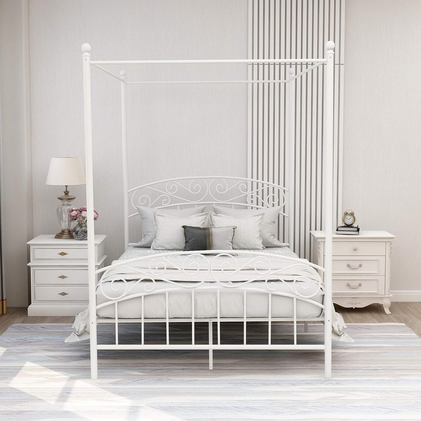 Full Size Canopy Bed Frame Four-Poster Metal Platform Bed with Headboard and Footboard Sturdy Heavy Duty Steel Slat Support No Box Spring Needed White