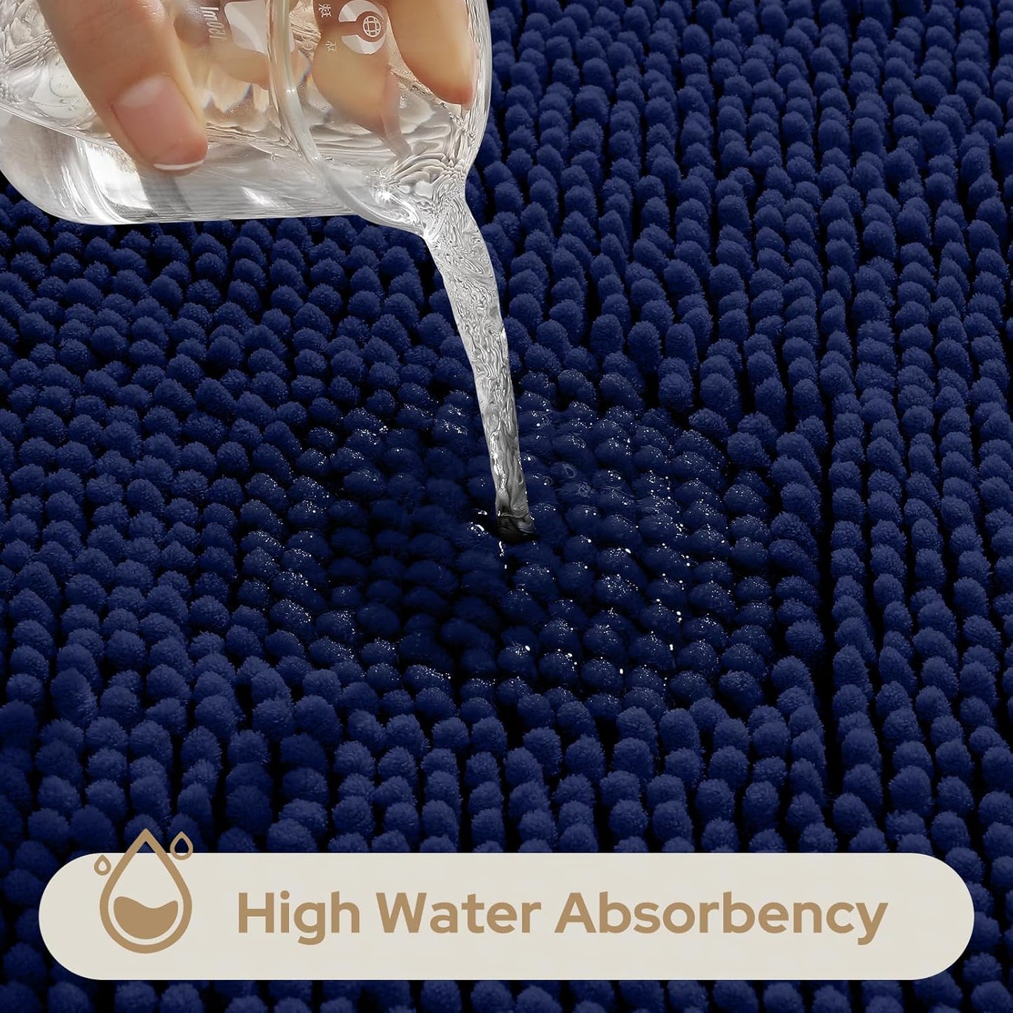 HOMEIDEAS 3 Pieces Bathroom Rugs, Ultra Soft Non Slip Absorbent Chenille Toilet Bath Mat Set (Blue-Navy Blue, 17"x24"+20"x48"+U Shape 20"x24")