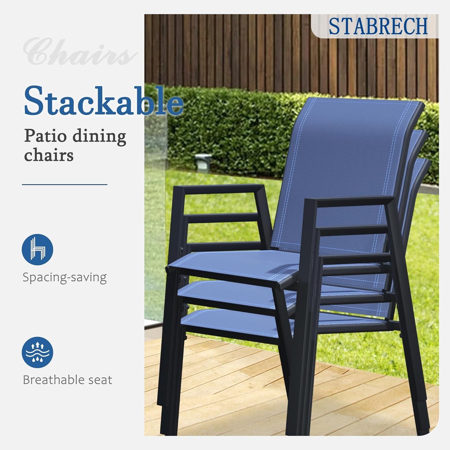 7 Piece Outdoor Dining Set, Patio Table and Chairs Set of 6, 47" Black Round Patio Table with 6 Blue Stackable Patio Chairs for Lawn, Garden, Porch