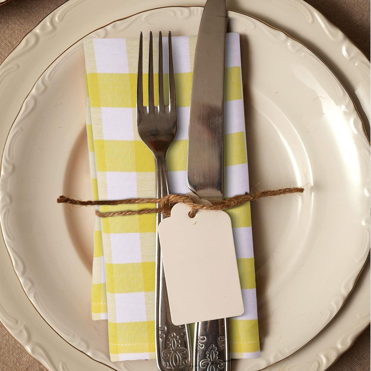 Urban Villa Cotton Dinner Napkins Set of 6, Highly Absorbent 20x20 Inches Premium Cloth Napkins Hotel Quality Reusable & Washable Table Dinner Napkins for Home & Weddings - Yellow/White, Checks