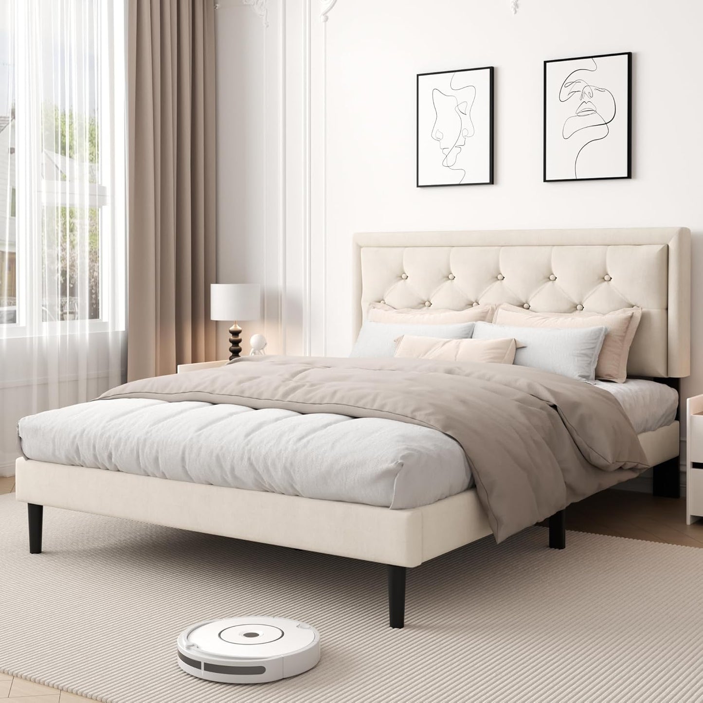 Full Size Platform Bed Frame with Upholstered Velvet Button Tufted Headboard, Mattress Foundation with Wooden Slat Support, No Box Spring Needed, Easy Assembly, Noise Free, Beige