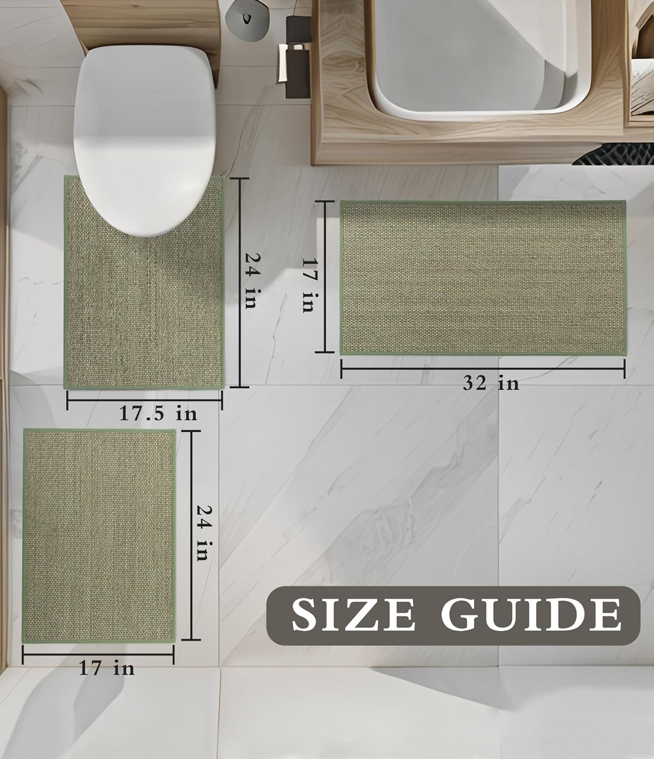 YIHOUSE Bathroom Rugs Sets 3 Pieces, Green Ultra Thin Bath Mats Fit Under Door, Absorbent Quickly Dry Rubber Backing Braided Bath Mat Set, Non Slip Washable Bath Rugs for Bathroom Floor, Green